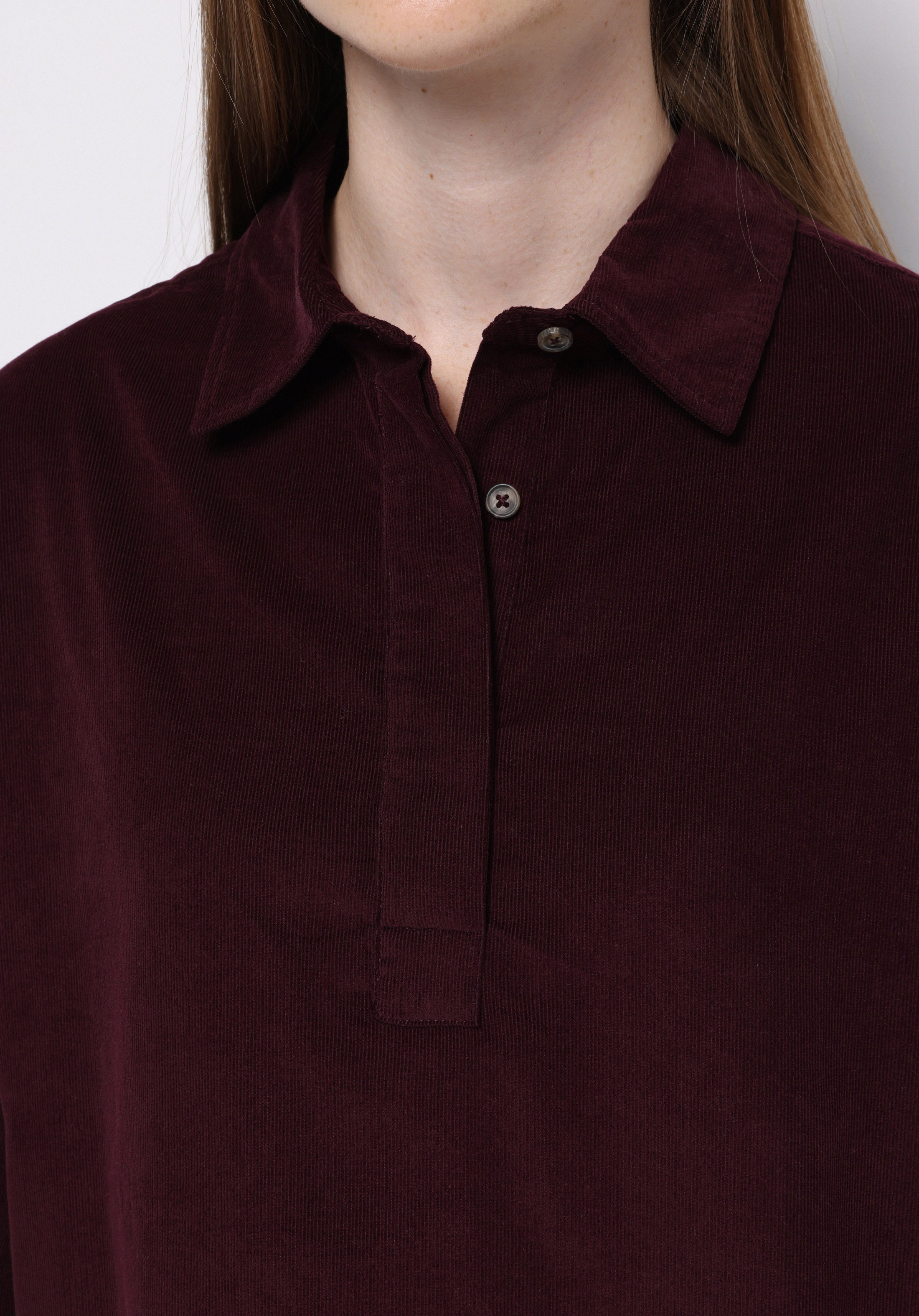 Relax Fit Shirt Neck Düz Kadın Bordo Uzun Kol Gömlek