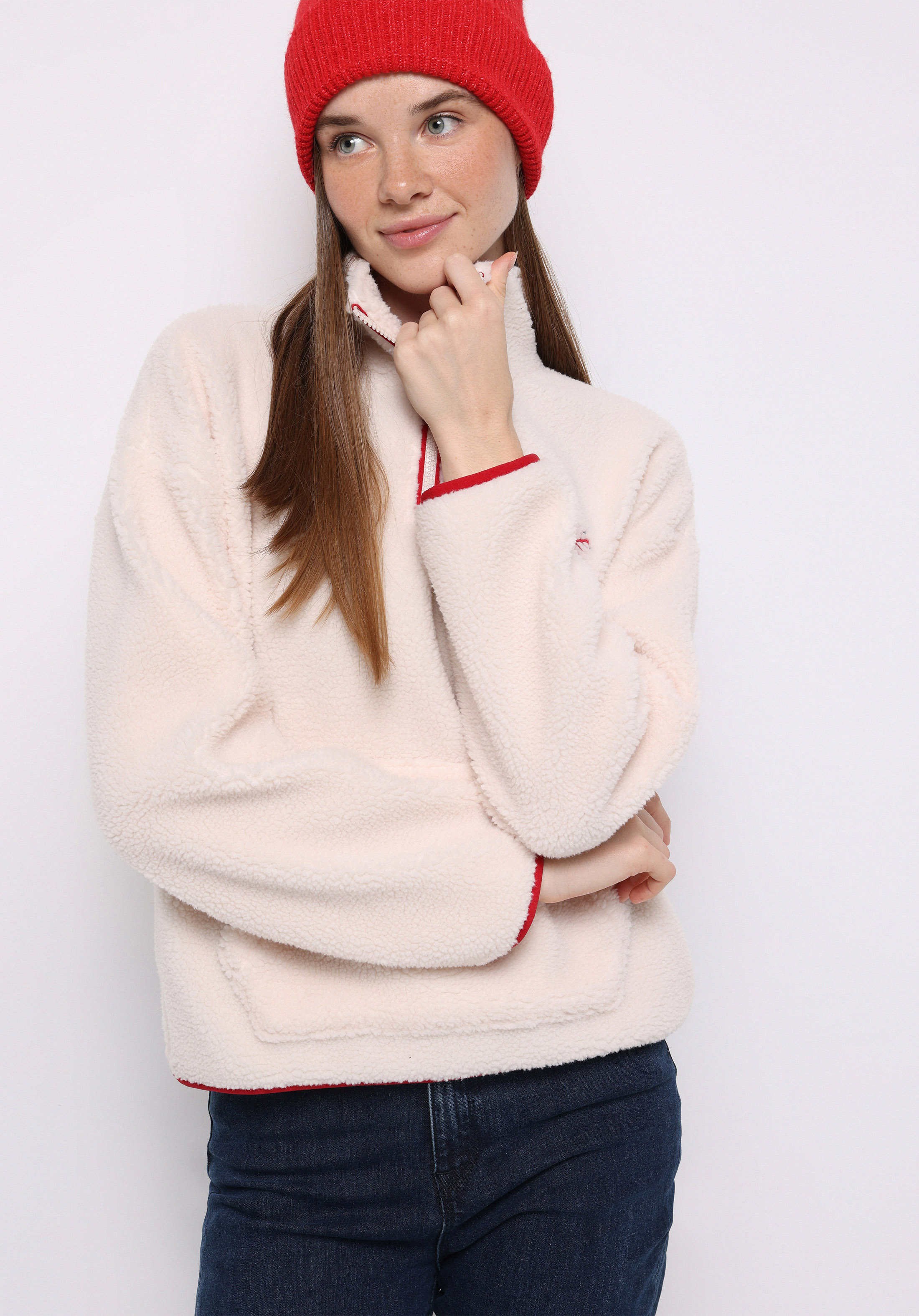 Regular Fit Fermuarlı Nakışlı Kadın Ekru Sweatshirt