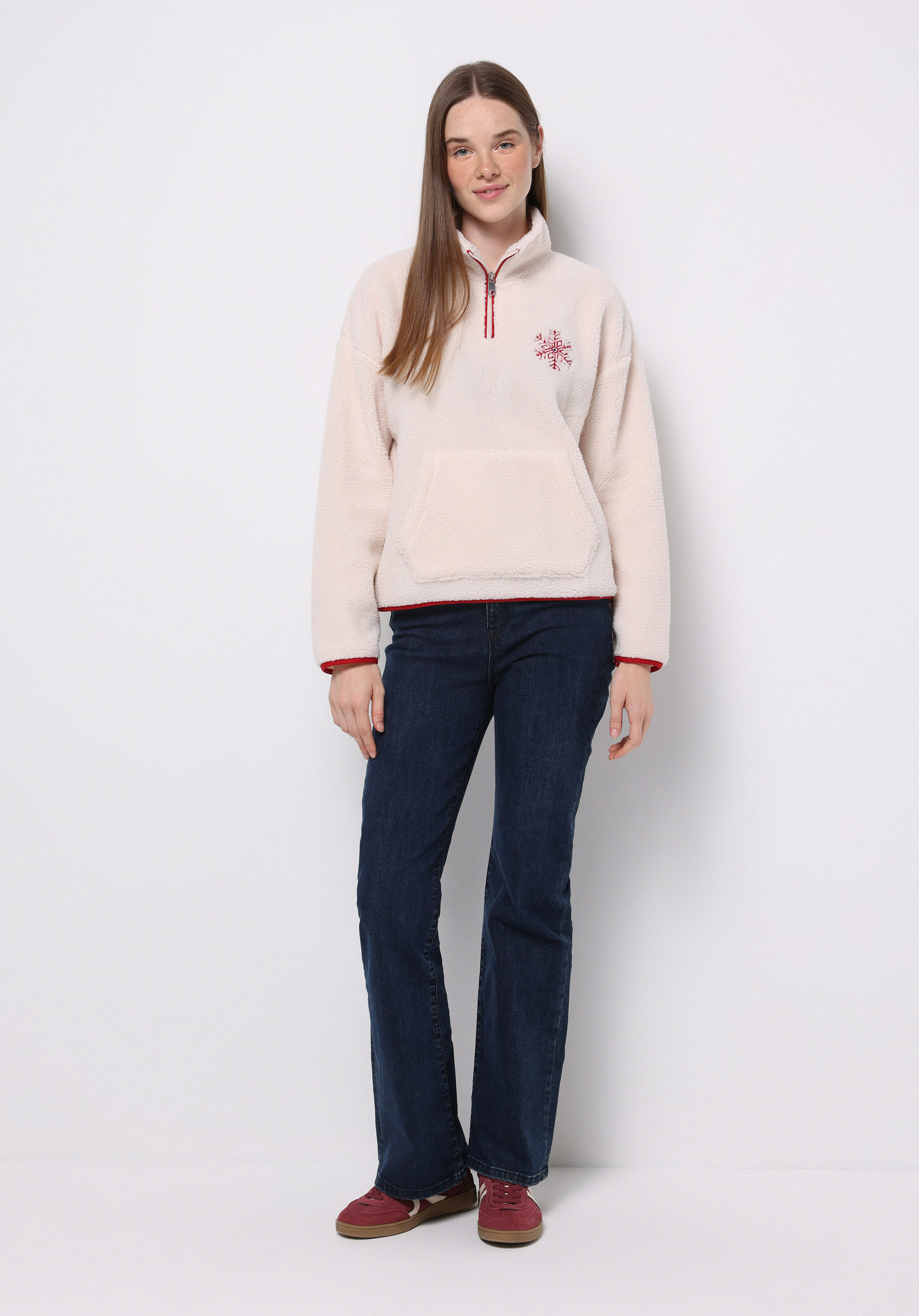 Regular Fit Fermuarlı Nakışlı Kadın Ekru Sweatshirt