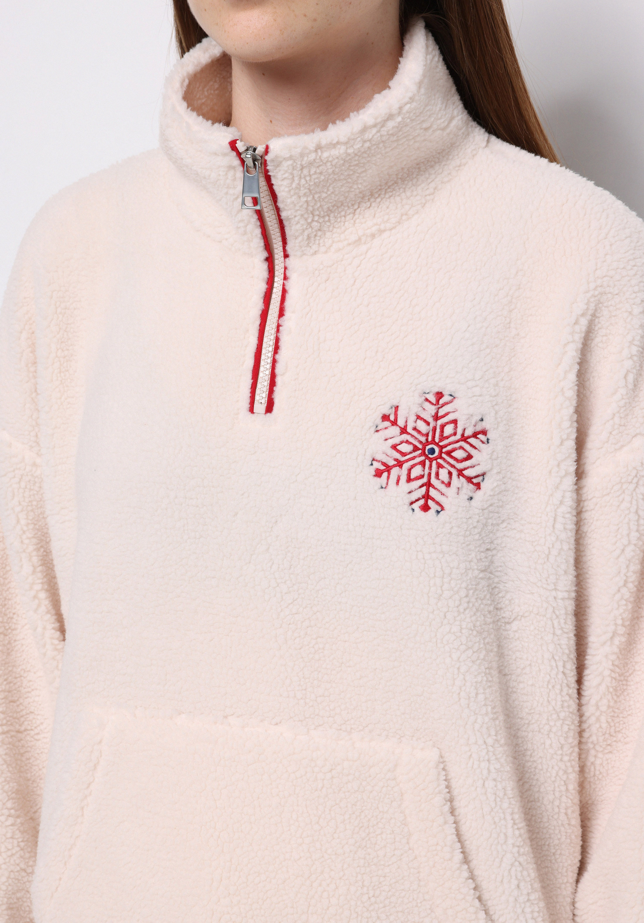 Regular Fit Fermuarlı Nakışlı Kadın Ekru Sweatshirt