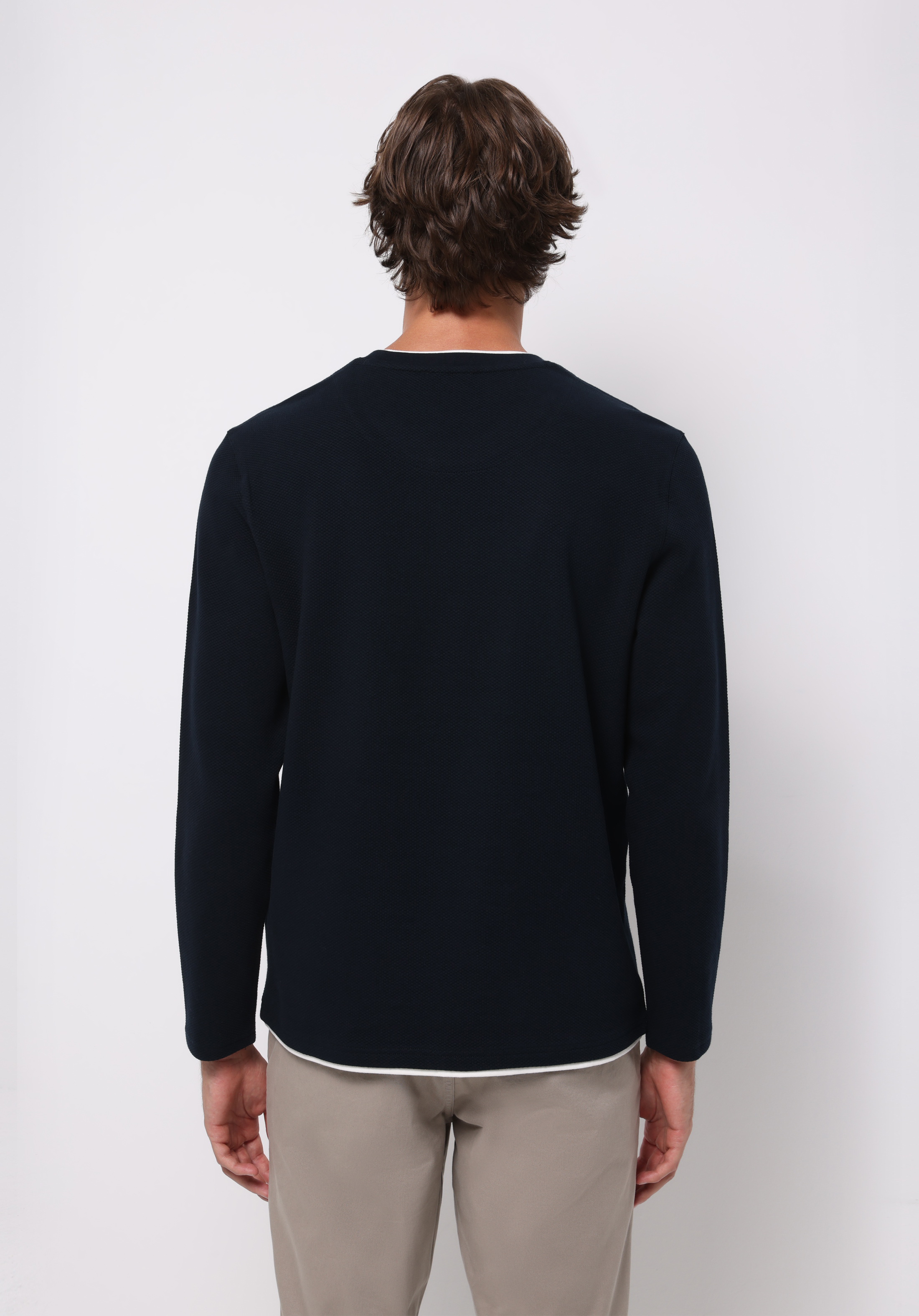 Regular Fit Yuvarlak Yaka Jakarlı Erkek Lacivert Uzun Kol Tişört
