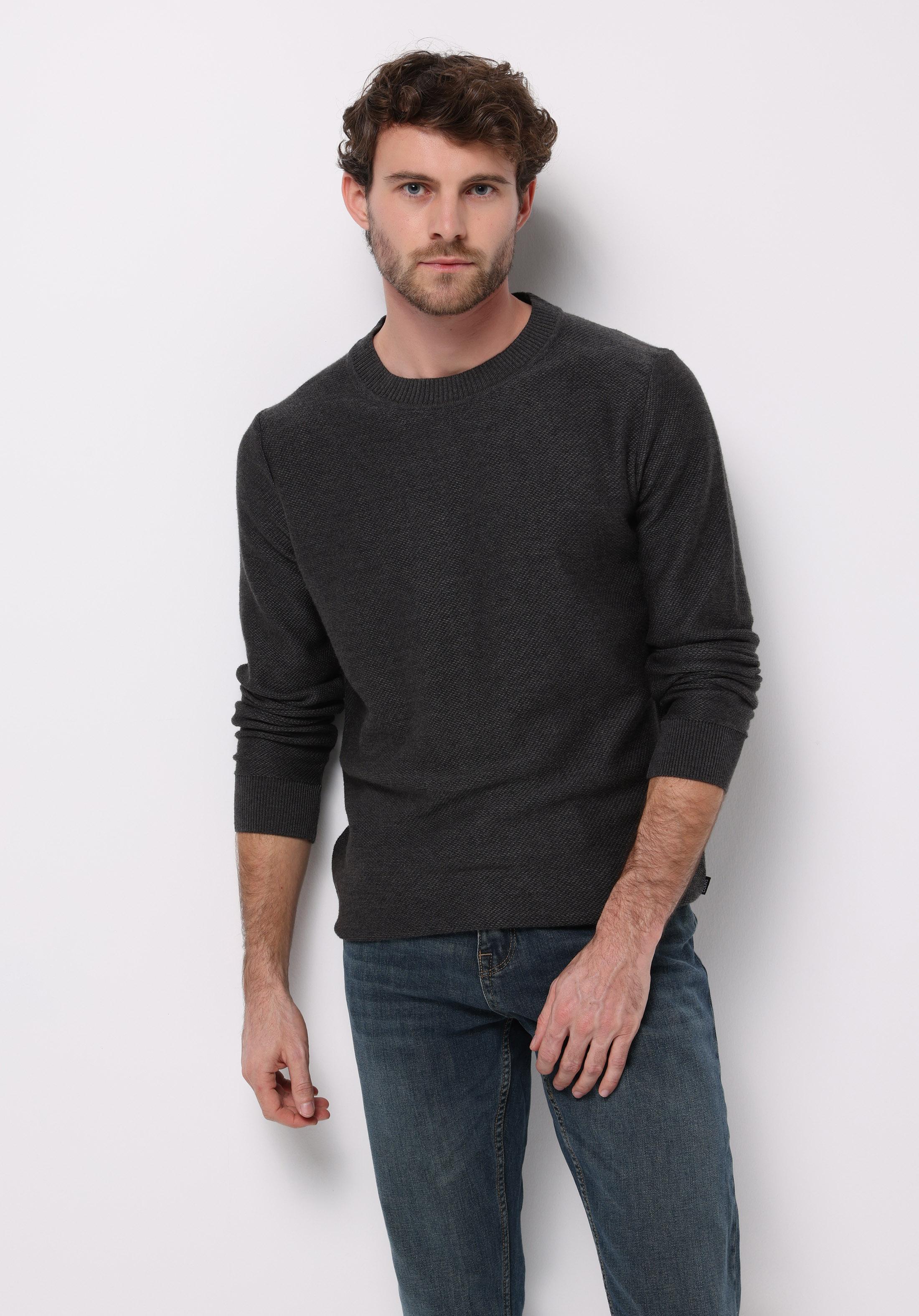 Regular Fit Yuvarlak Yaka Jakarlı Erkek Antrasit Kazak