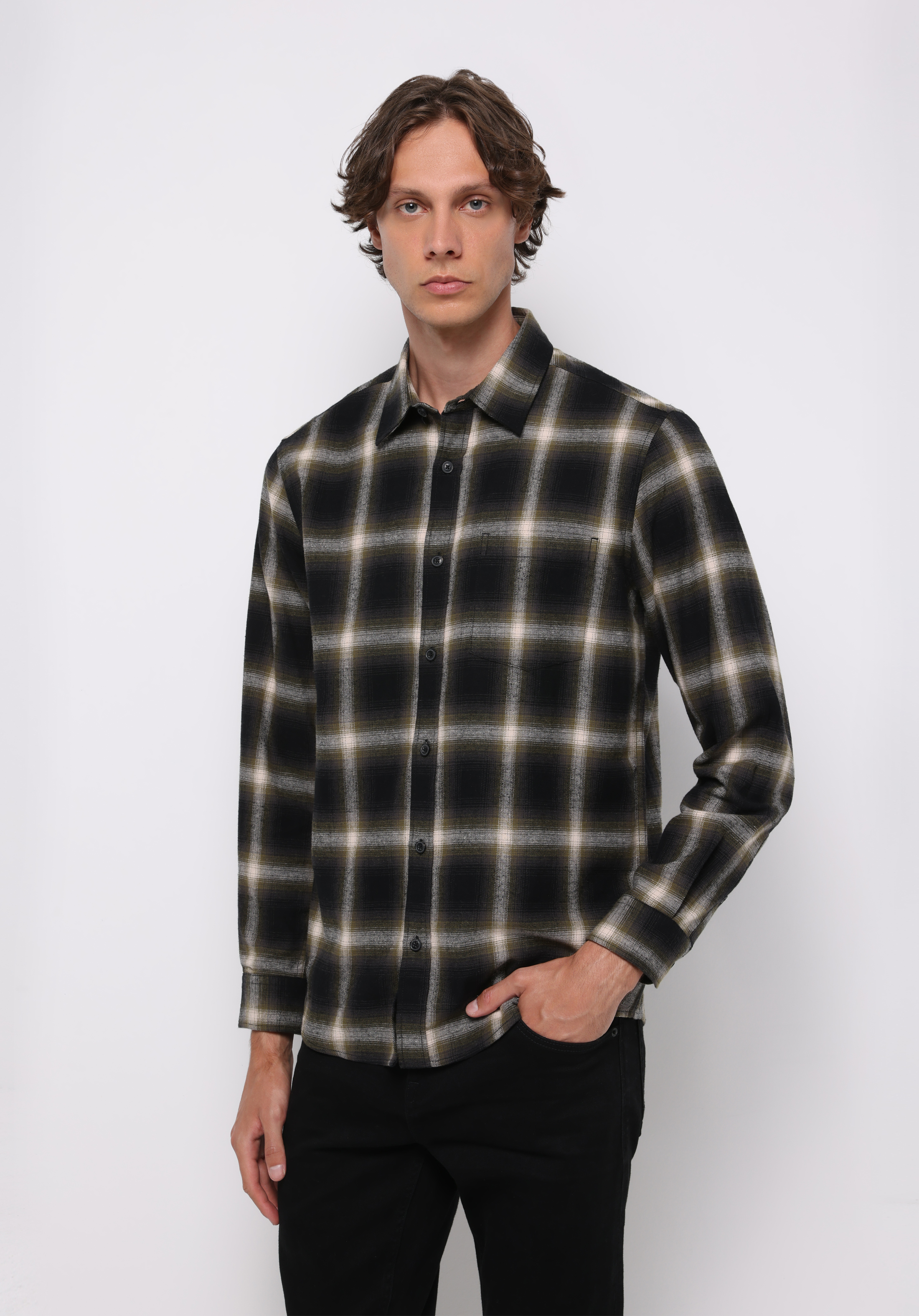 Regular Fit Shirt Neck Ekoseli Erkek Yeşil Uzun Kol Gömlek