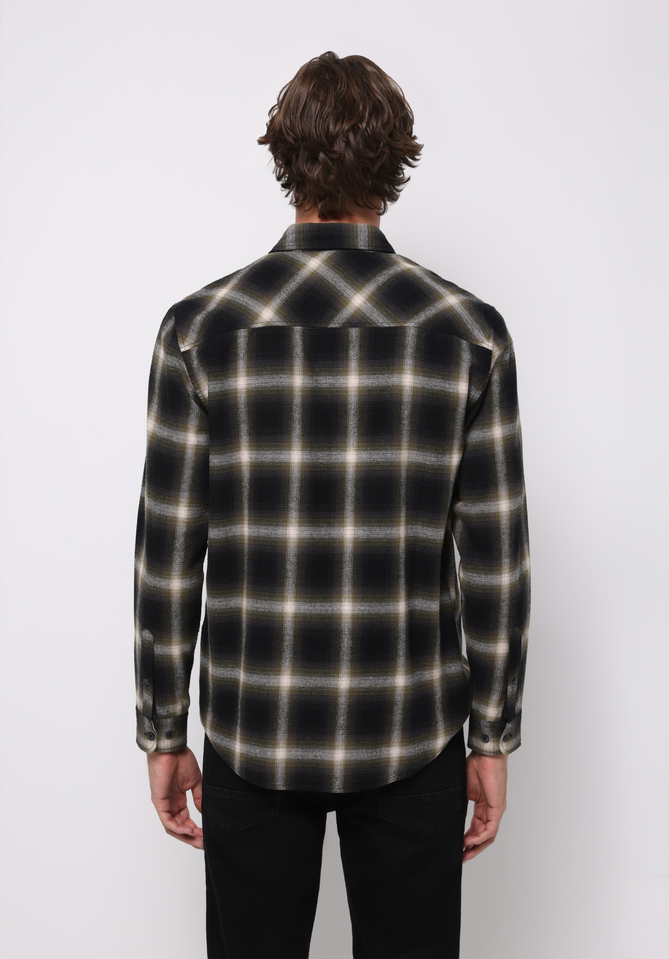 Regular Fit Shirt Neck Ekoseli Erkek Yeşil Uzun Kol Gömlek