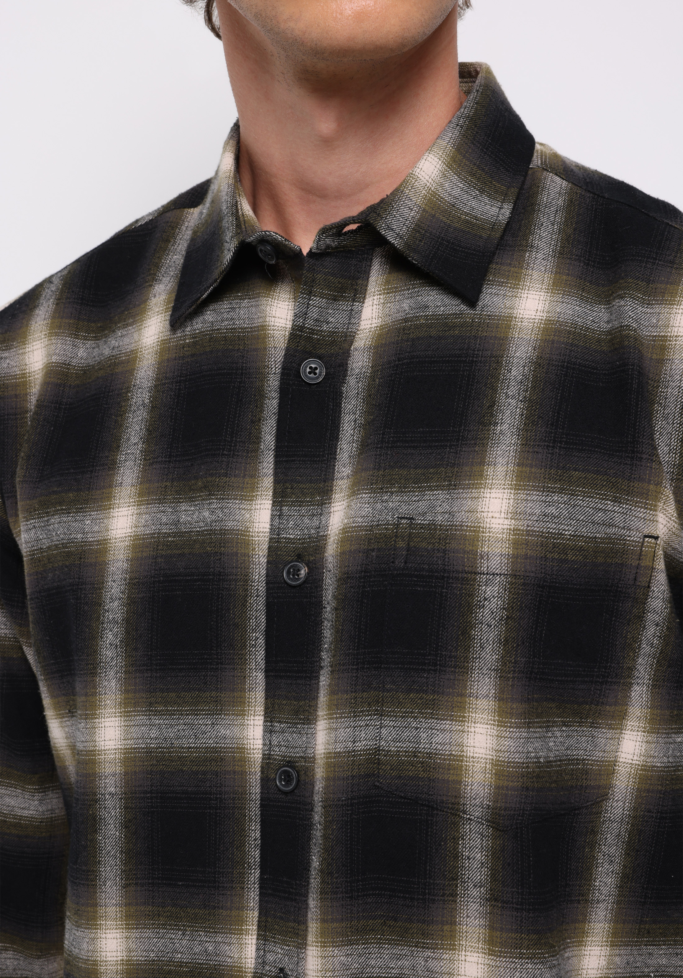 Regular Fit Shirt Neck Ekoseli Erkek Yeşil Uzun Kol Gömlek