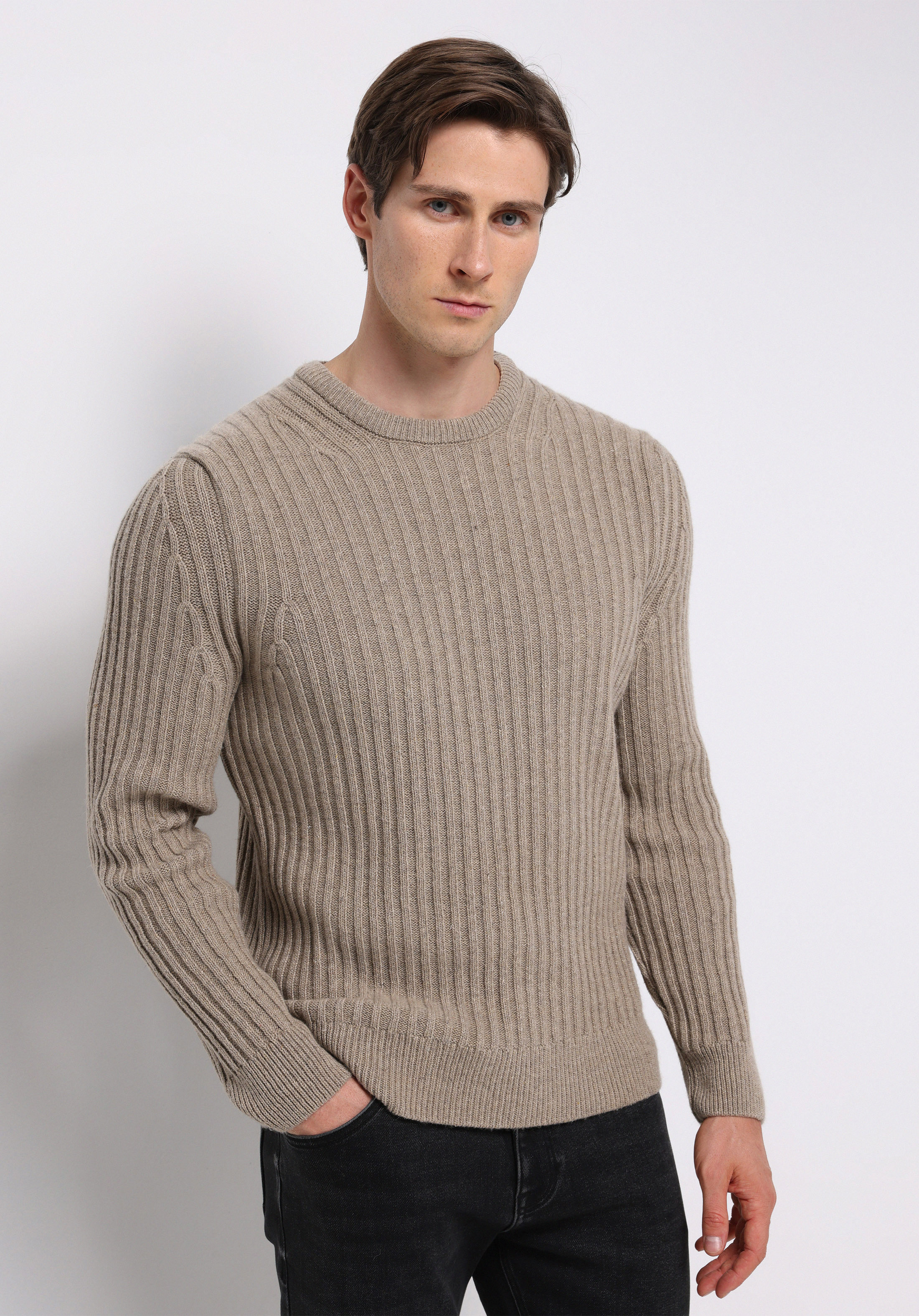 Regular Fit Yuvarlak Yaka Jakarlı Erkek Bej Kazak