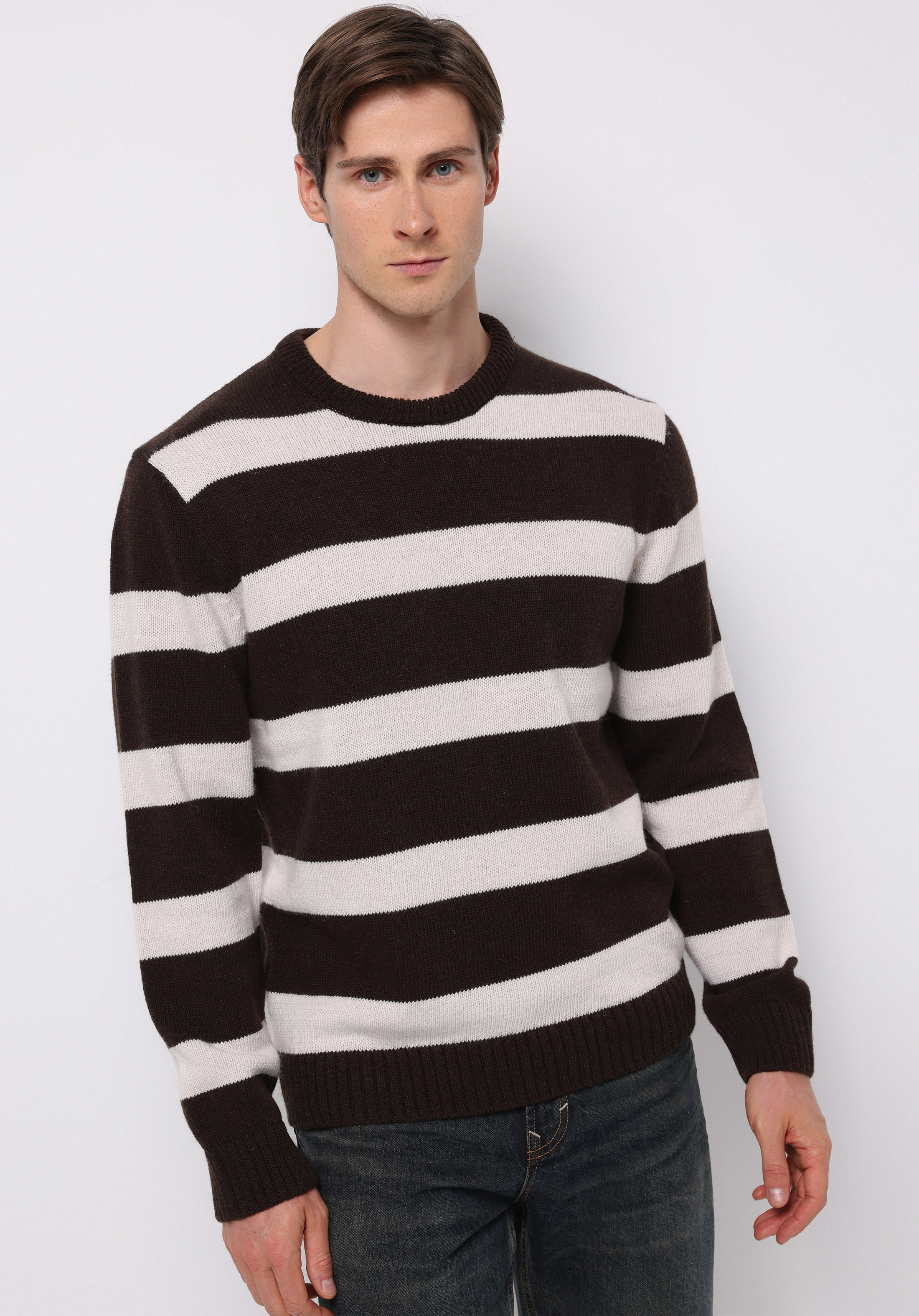 Regular Fit Yuvarlak Yaka Jakarlı Erkek Kahverengi Kazak