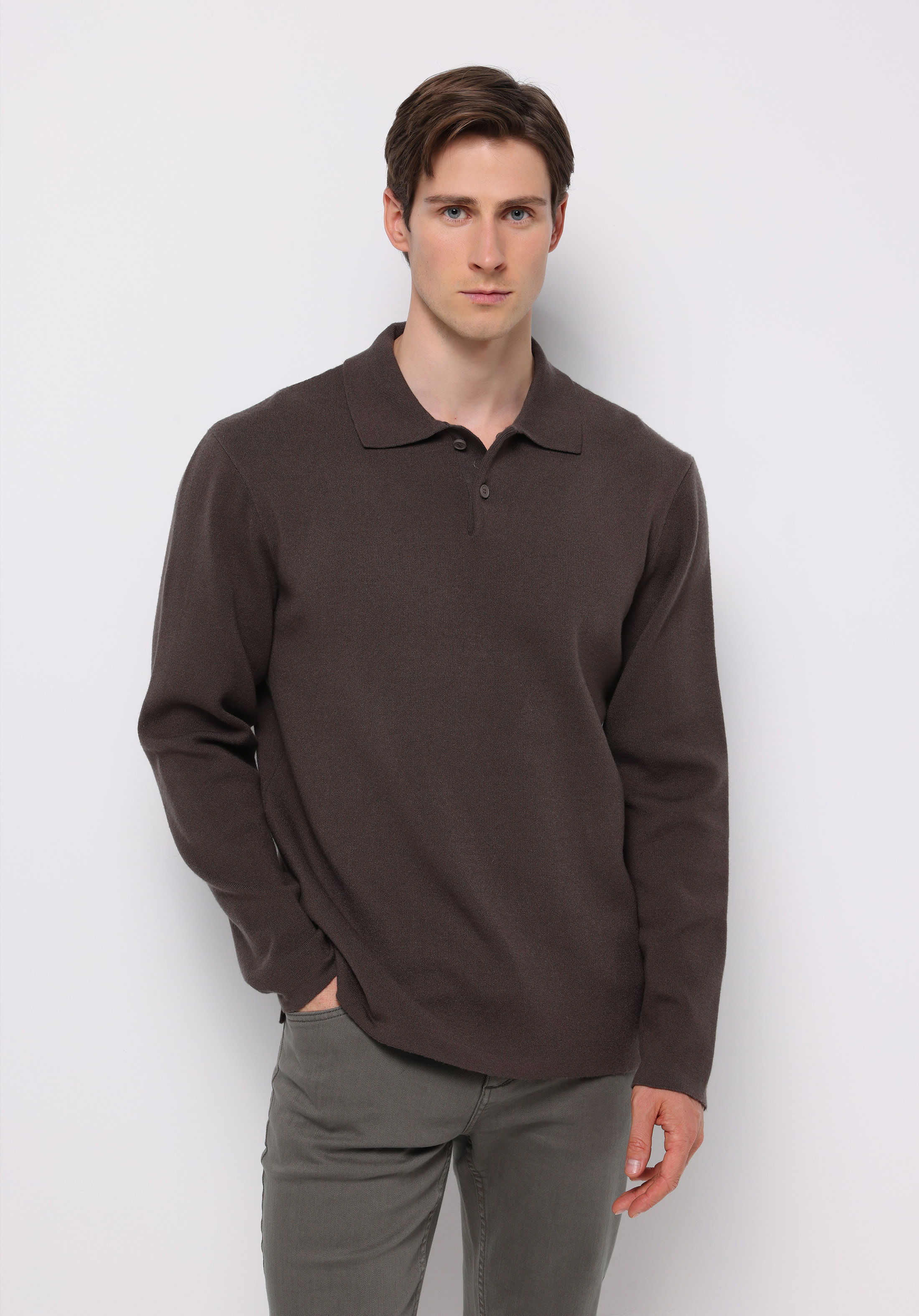 Regular Fit Polo Yaka Jakarlı Erkek Kahverengi Kazak