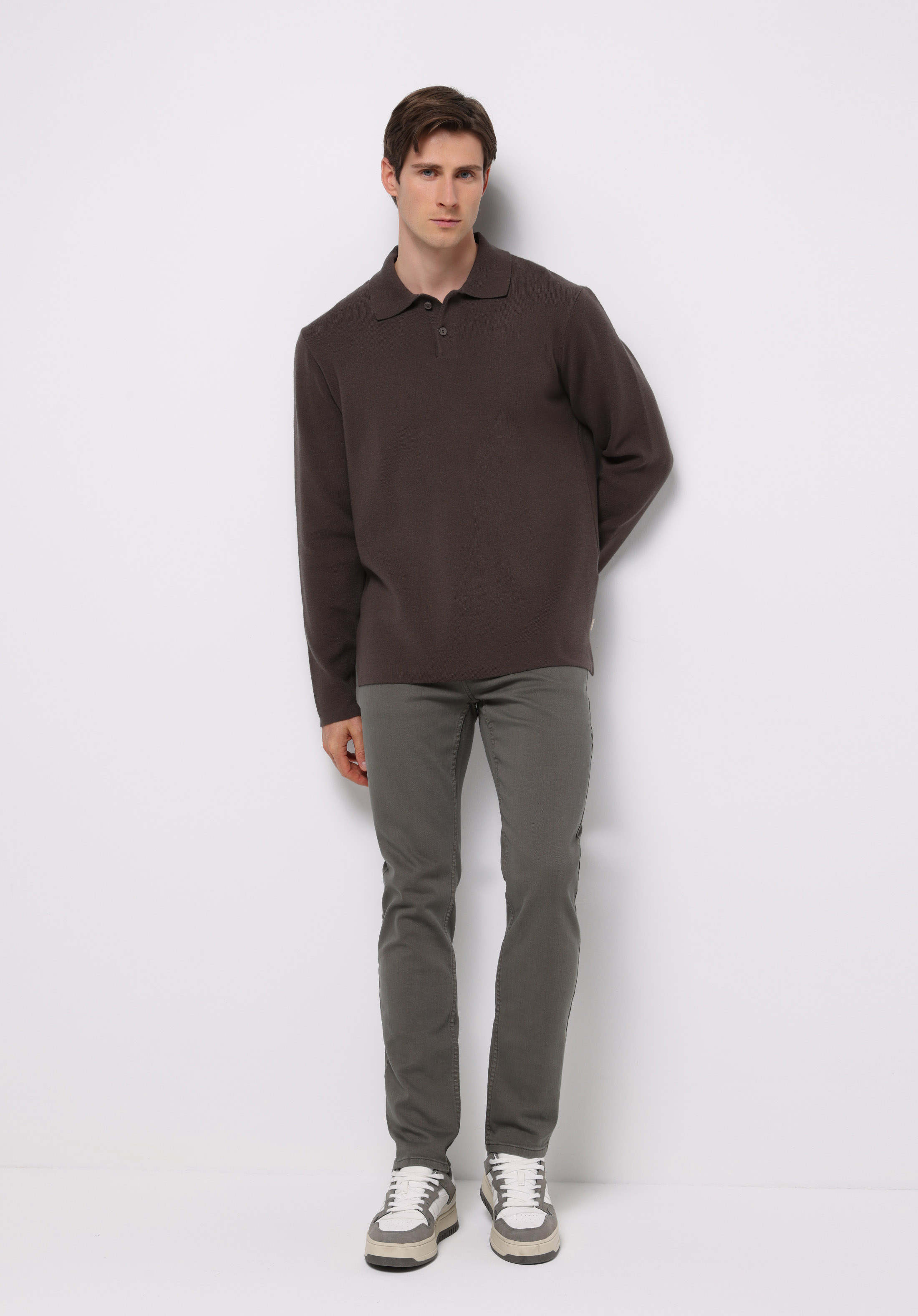 Regular Fit Polo Yaka Jakarlı Erkek Kahverengi Kazak