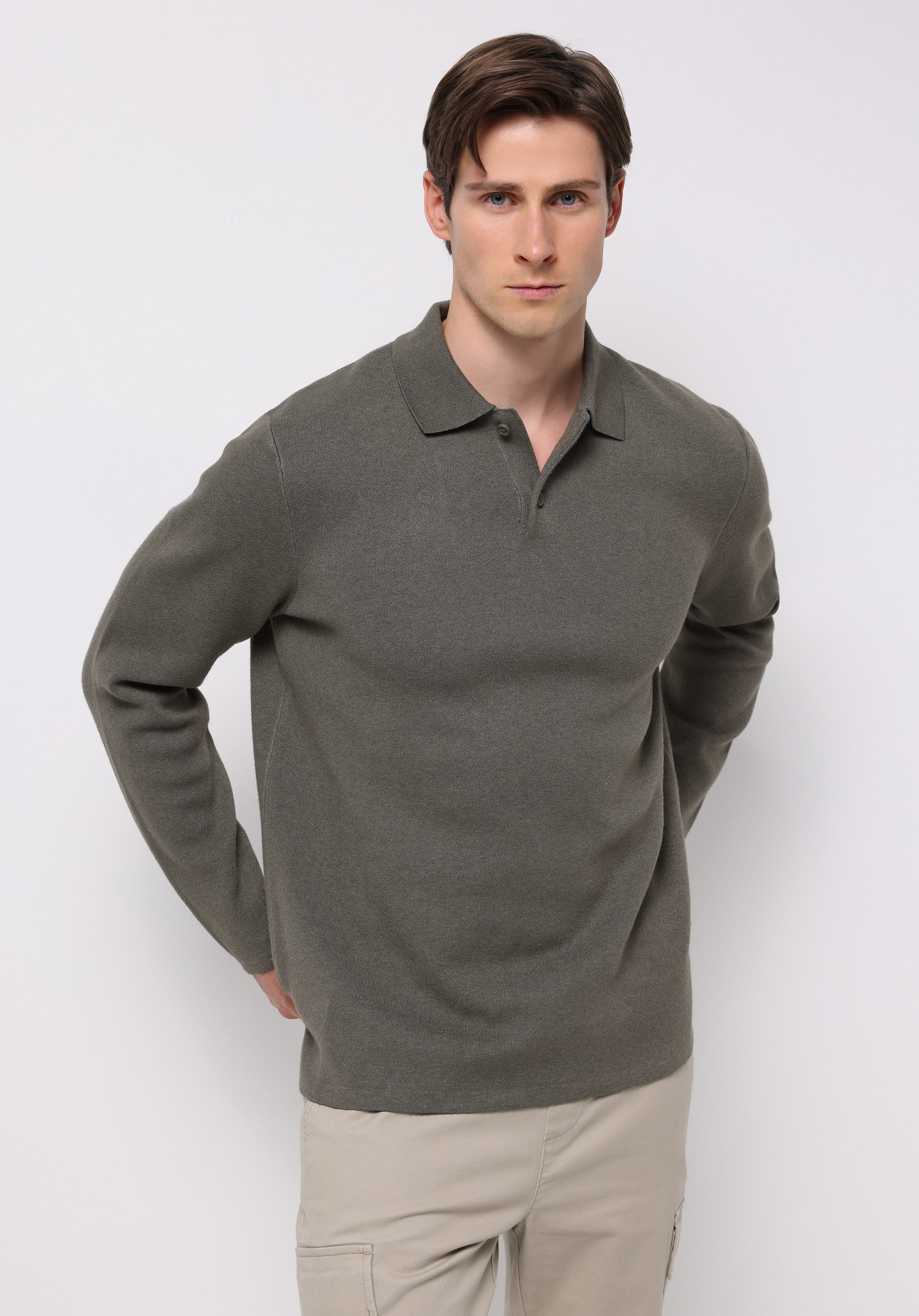 Regular Fit Polo Yaka Jakarlı Erkek Yeşil Kazak