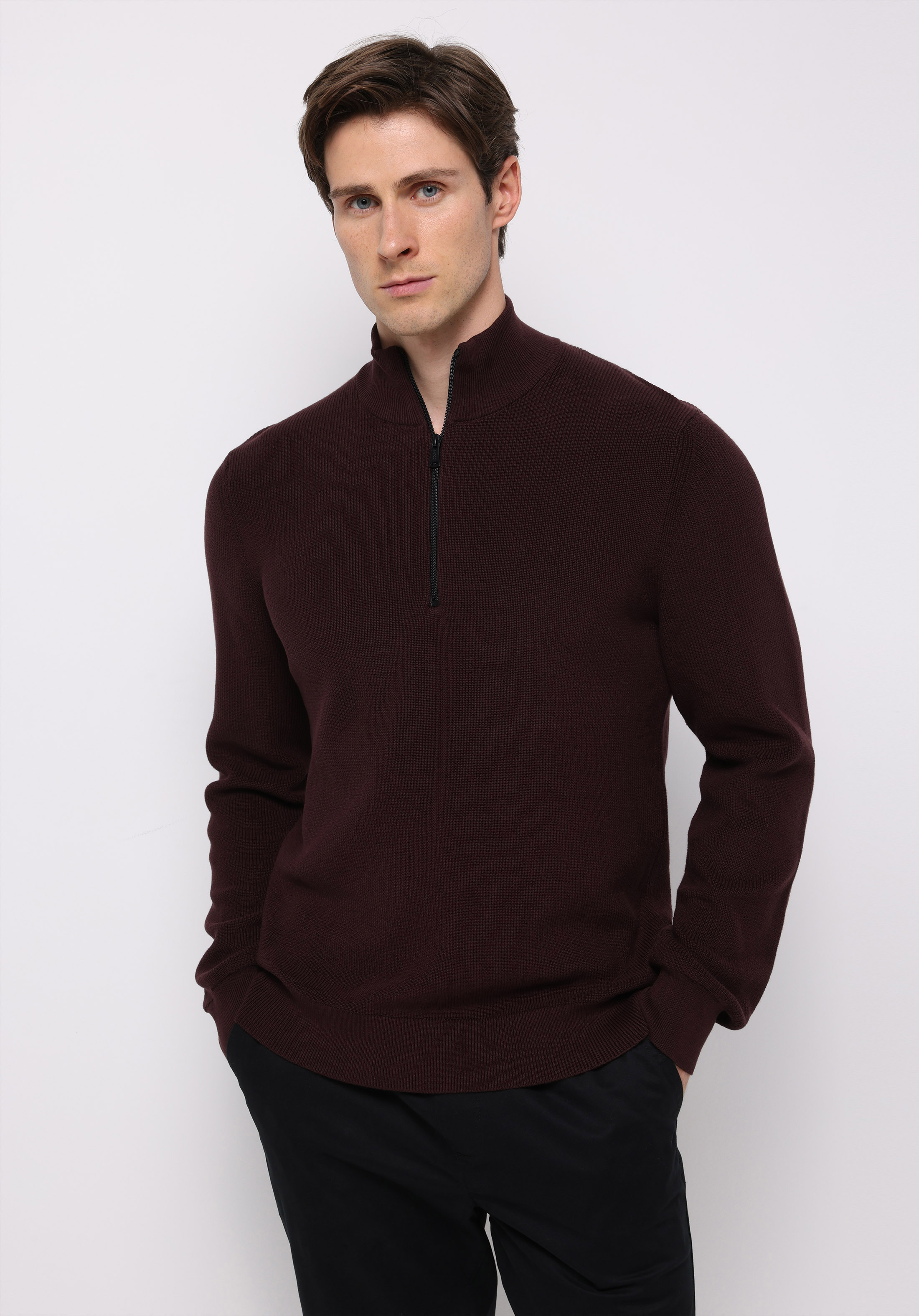 Regular Fit Dik Yaka Jakarlı Erkek Bordo Kazak