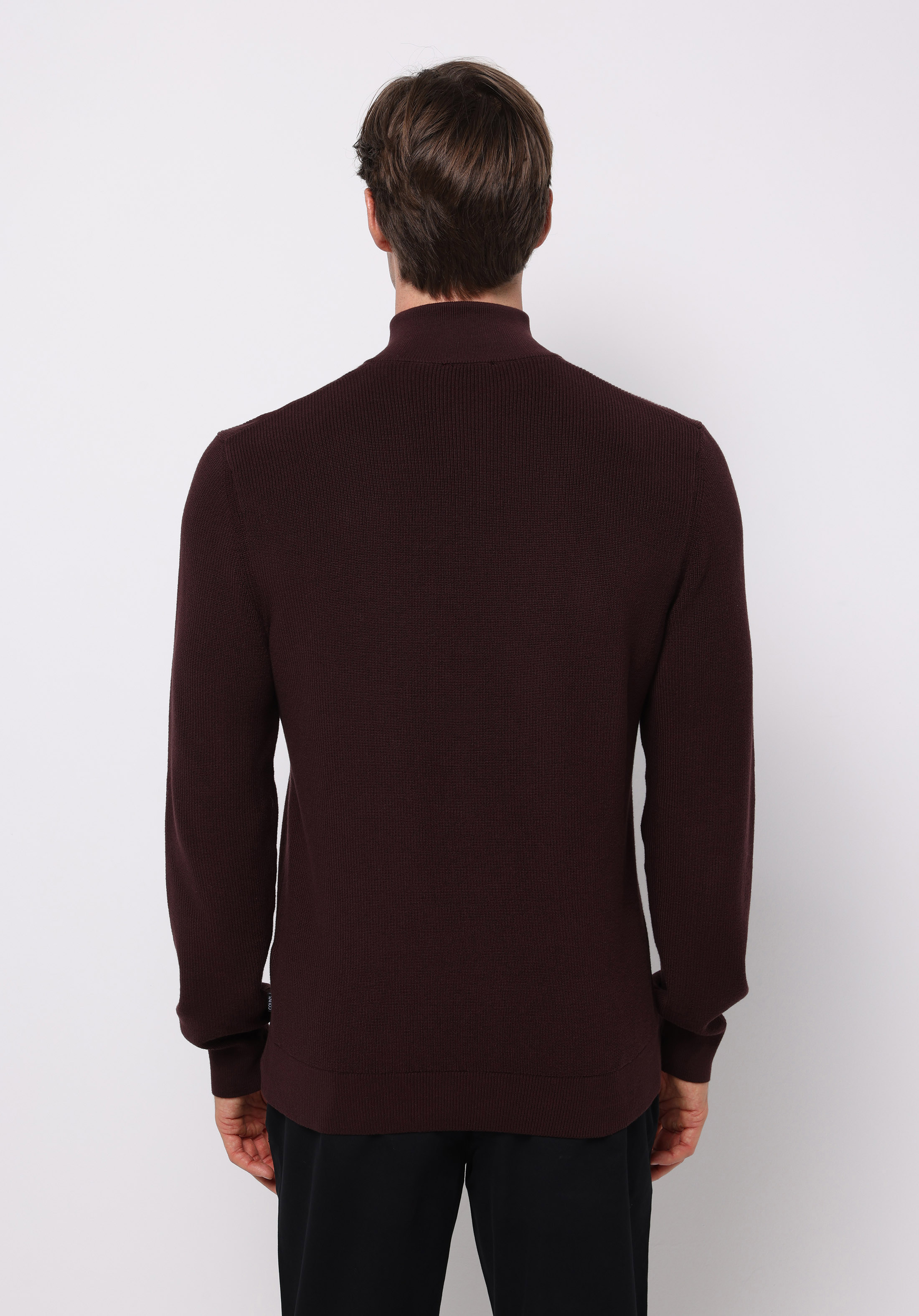 Regular Fit Dik Yaka Jakarlı Erkek Bordo Kazak