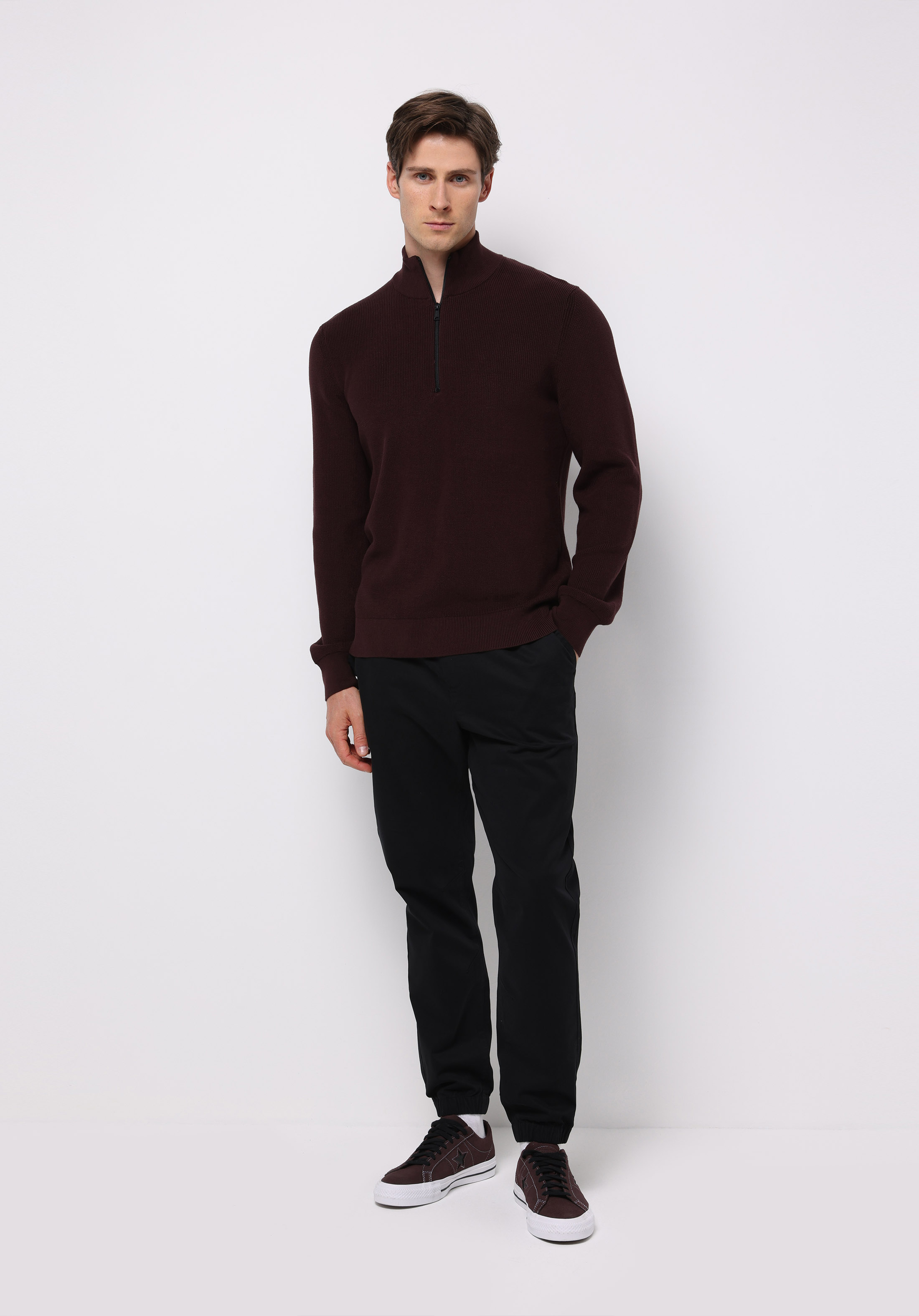 Regular Fit Dik Yaka Jakarlı Erkek Bordo Kazak