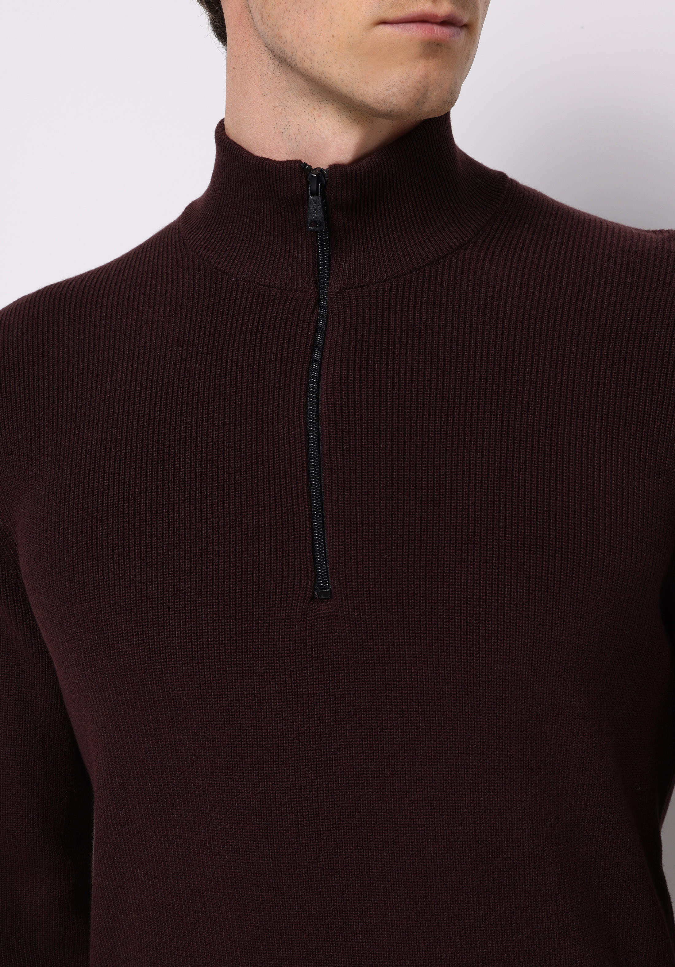 Regular Fit Dik Yaka Jakarlı Erkek Bordo Kazak