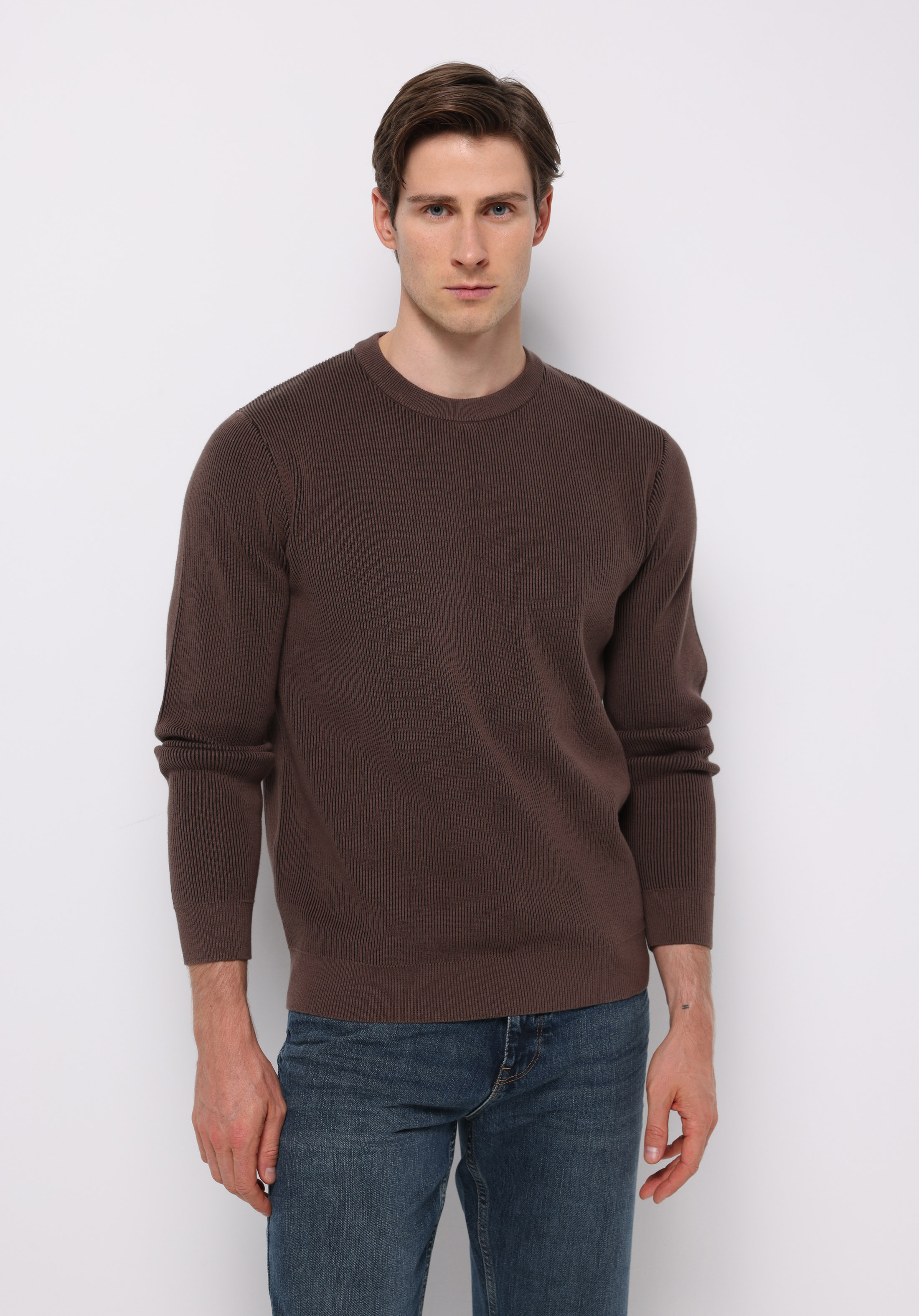 Regular Fit Yuvarlak Yaka Jakarlı Erkek Kahverengi Kazak