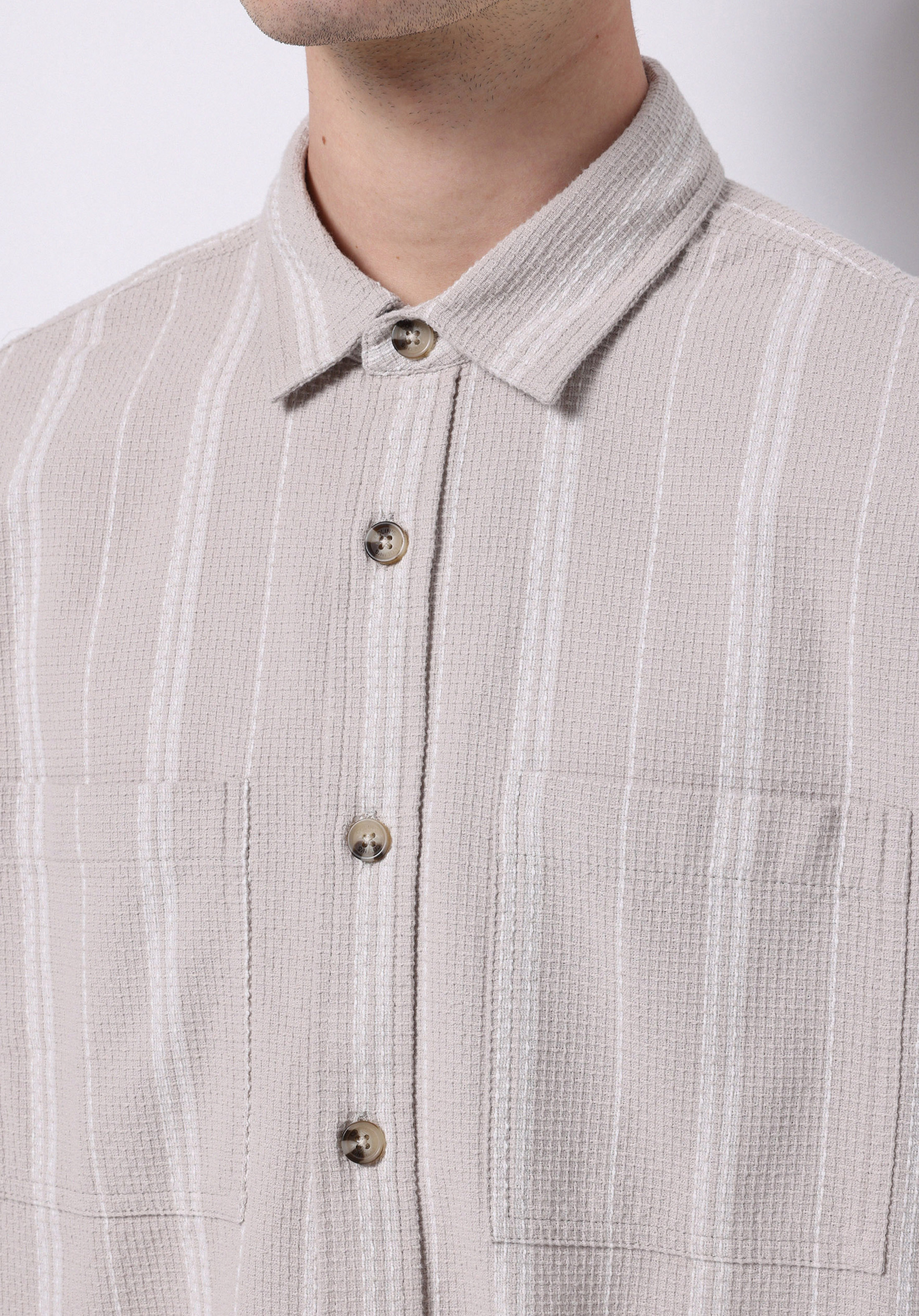 Regular Fit Shirt Neck Çizgili Erkek Bej Uzun Kol Gömlek
