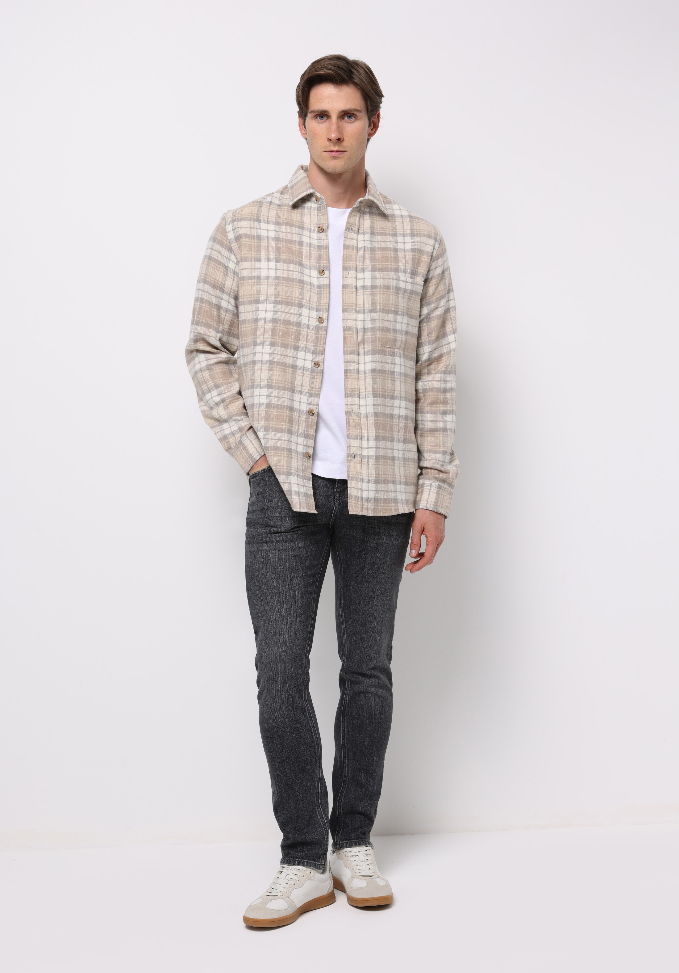 Regular Fit Shirt Neck Ekoseli Erkek Bej Uzun Kol Gömlek