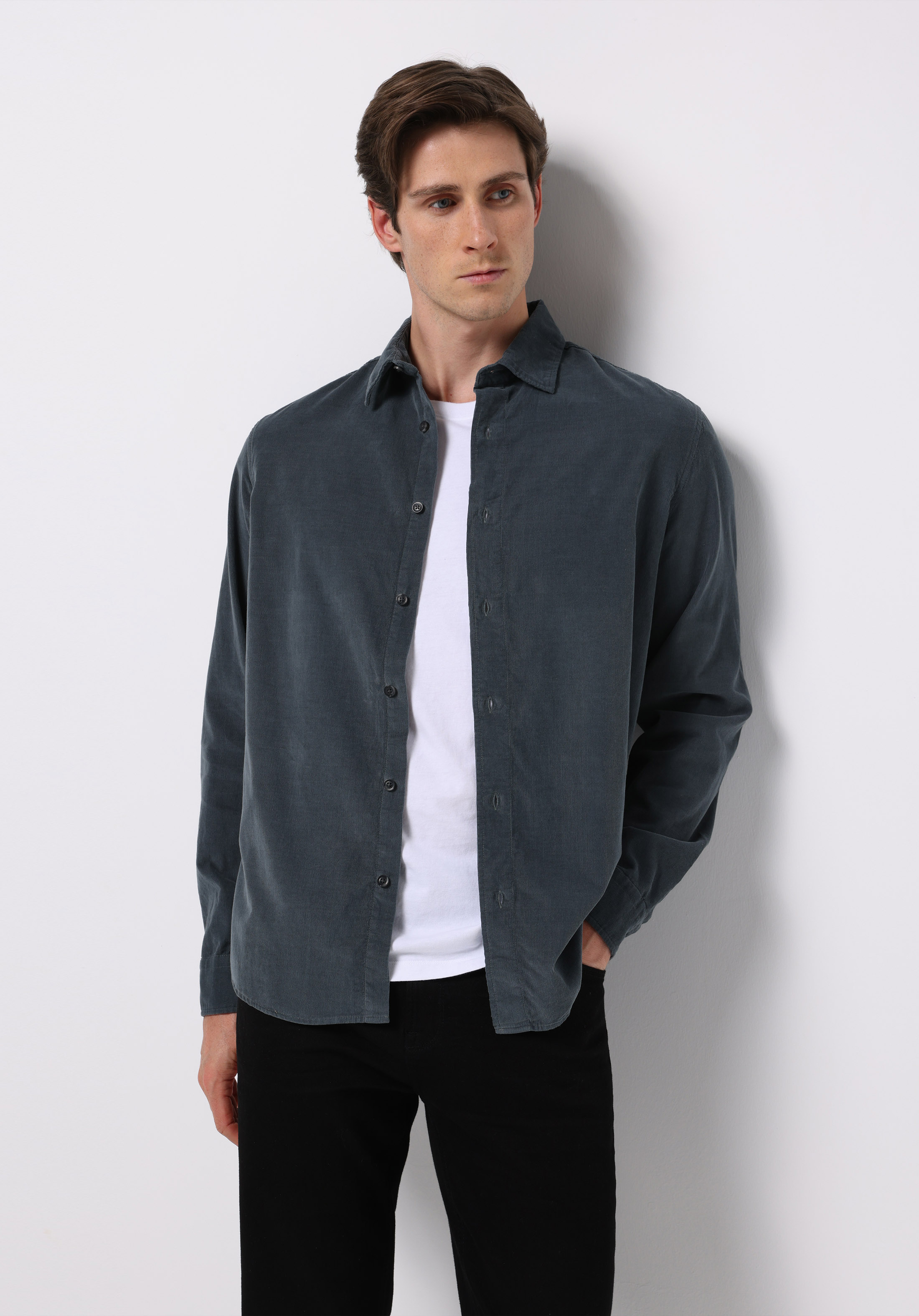 Regular Fit Shirt Neck Düz Erkek Yeşil Uzun Kol Gömlek