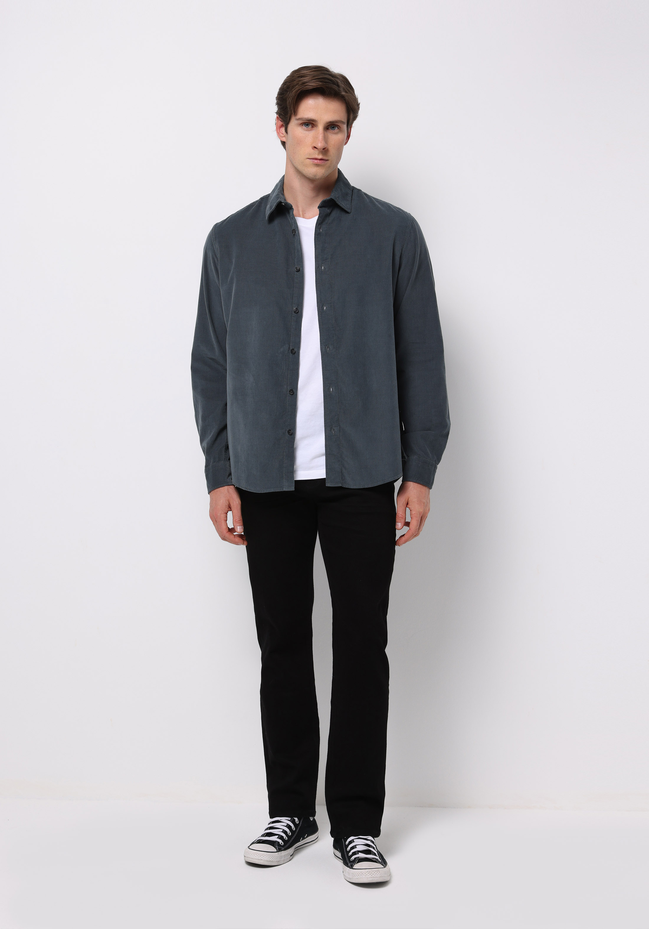 Regular Fit Shirt Neck Düz Erkek Yeşil Uzun Kol Gömlek