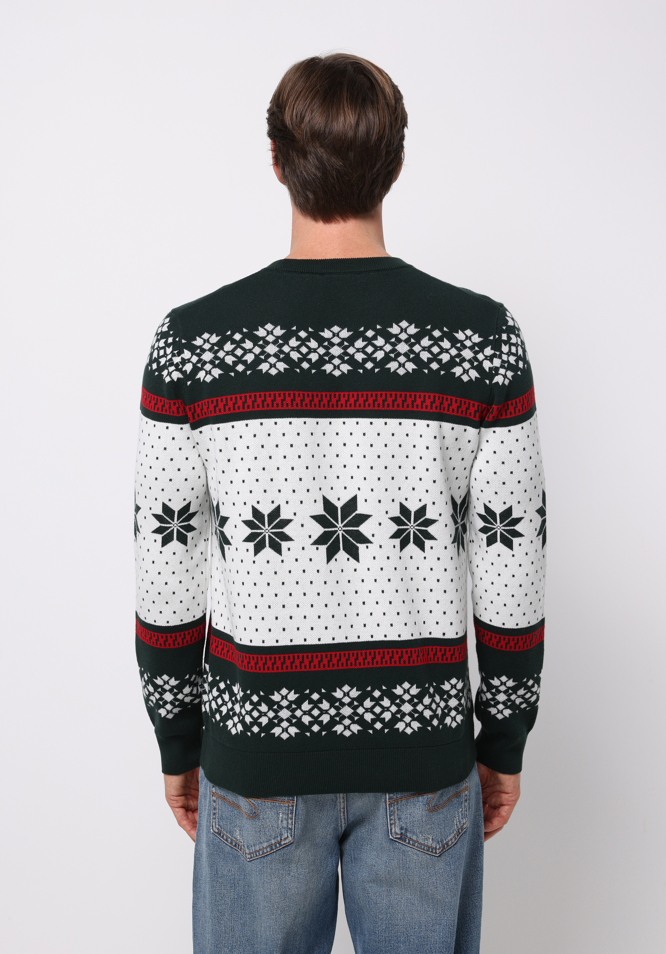 Regular Fit Yuvarlak Yaka Jakarlı Erkek Yeşil Kazak