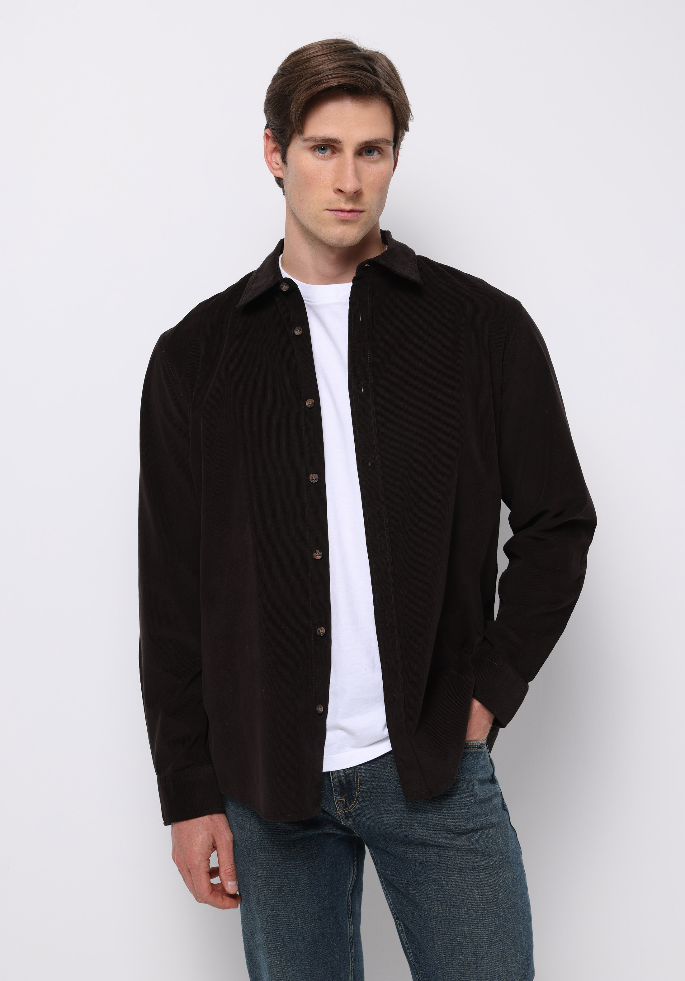 Regular Fit Shirt Neck Düz Erkek Kahverengi Uzun Kol Gömlek