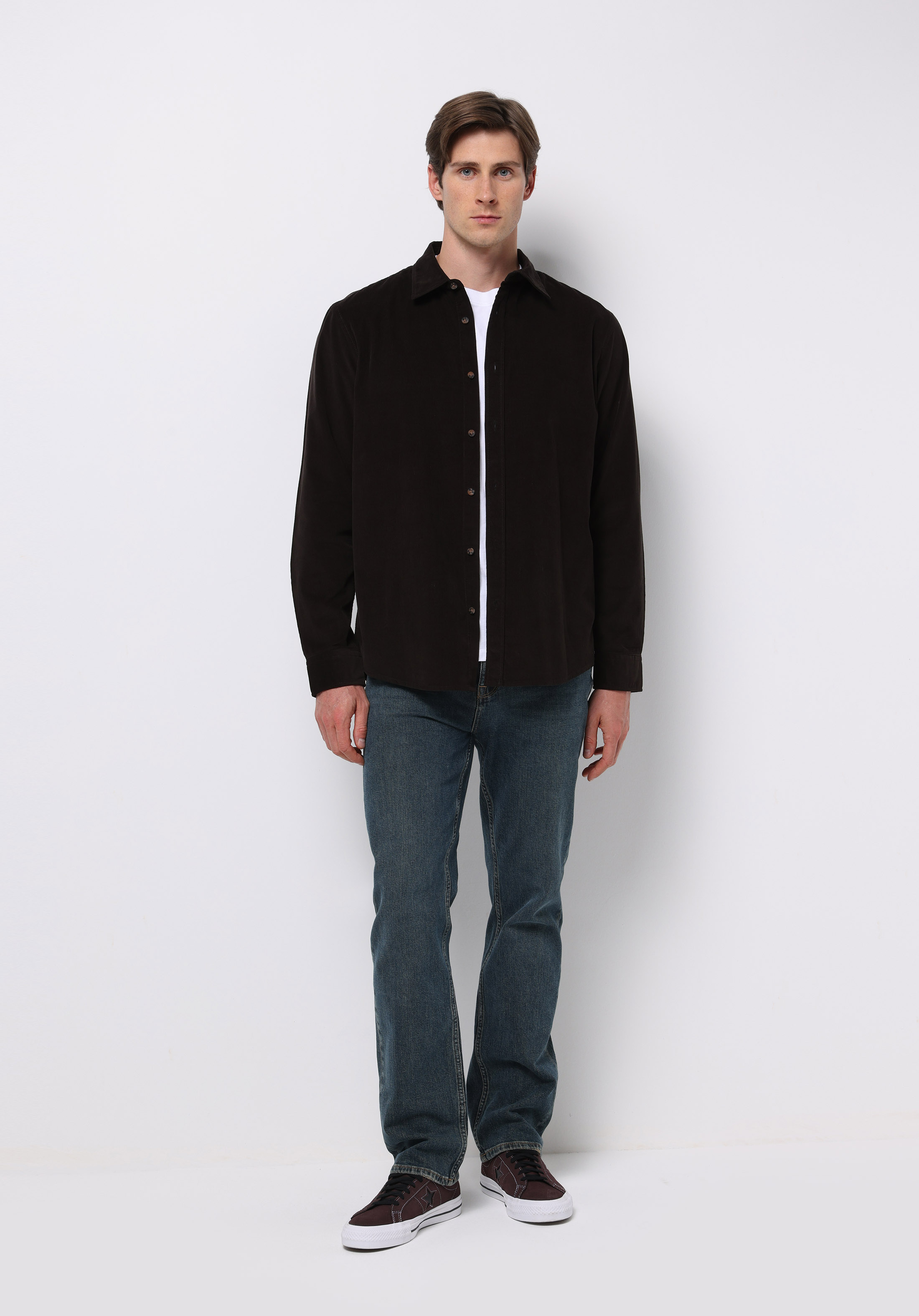 Regular Fit Shirt Neck Düz Erkek Kahverengi Uzun Kol Gömlek