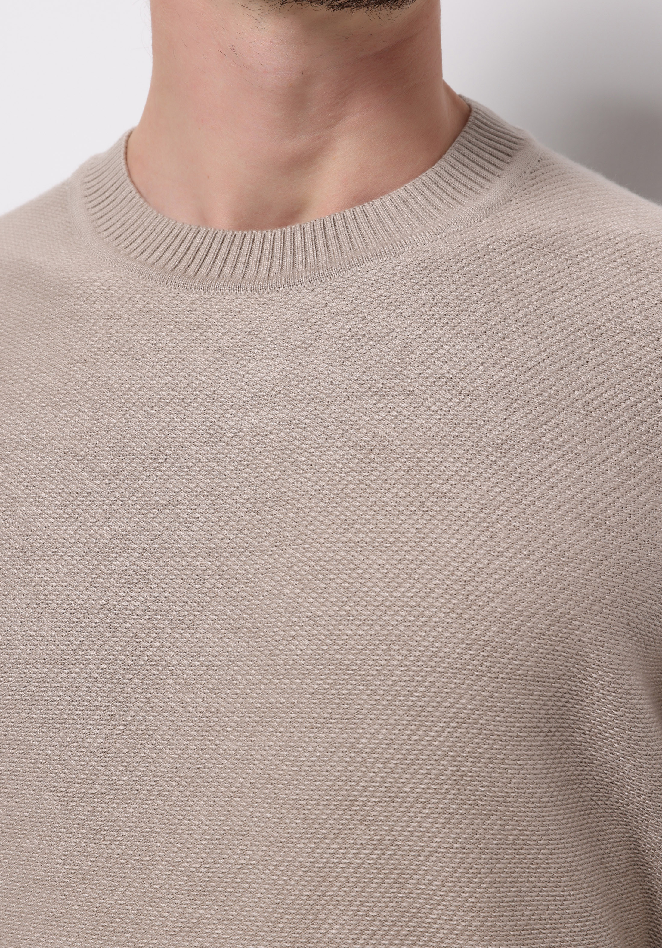 Regular Fit Yuvarlak Yaka Jakarlı Erkek Bej Kazak