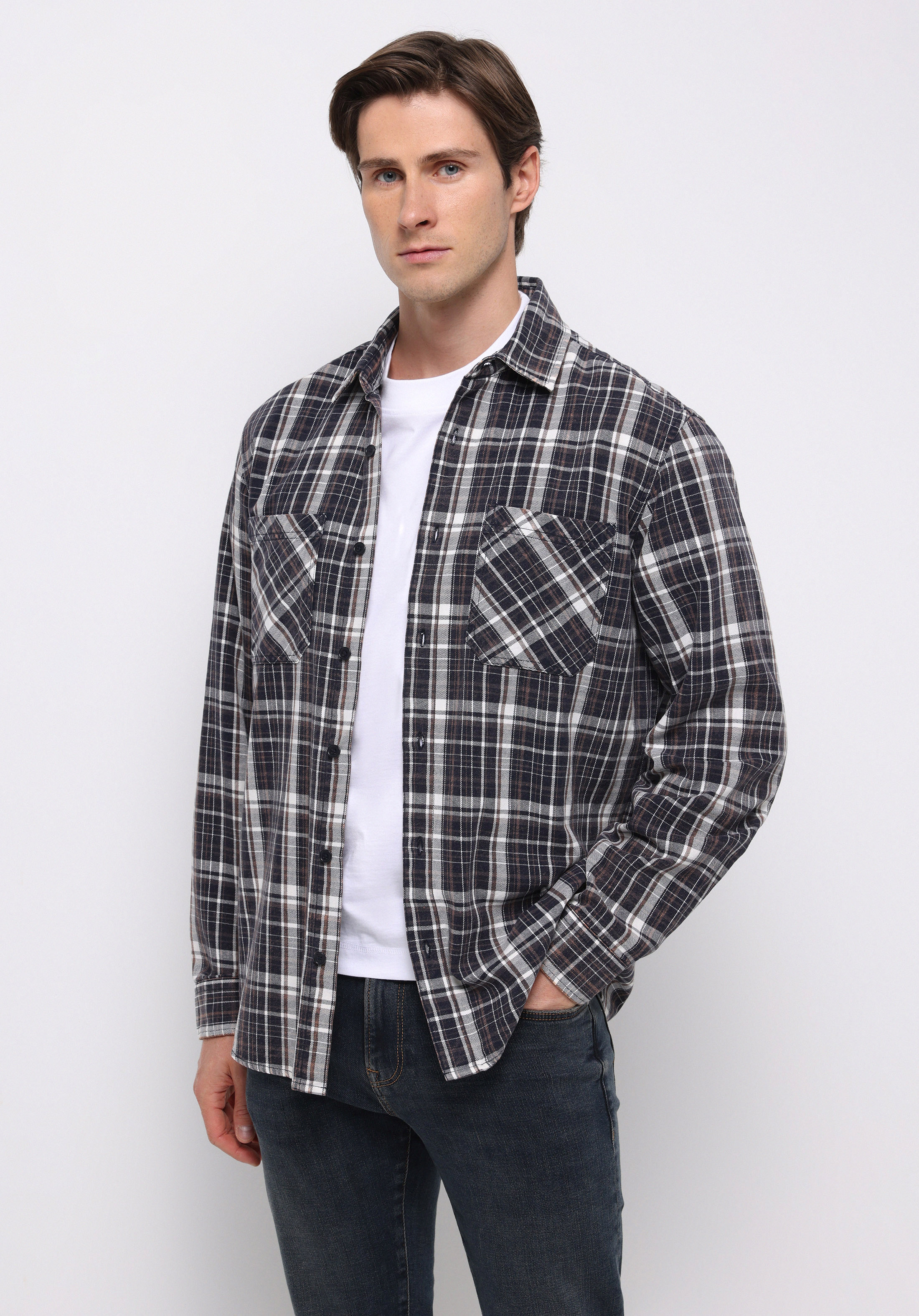 Comfort Fit Shirt Neck Ekoseli Erkek Lacivert Uzun Kol Gömlek