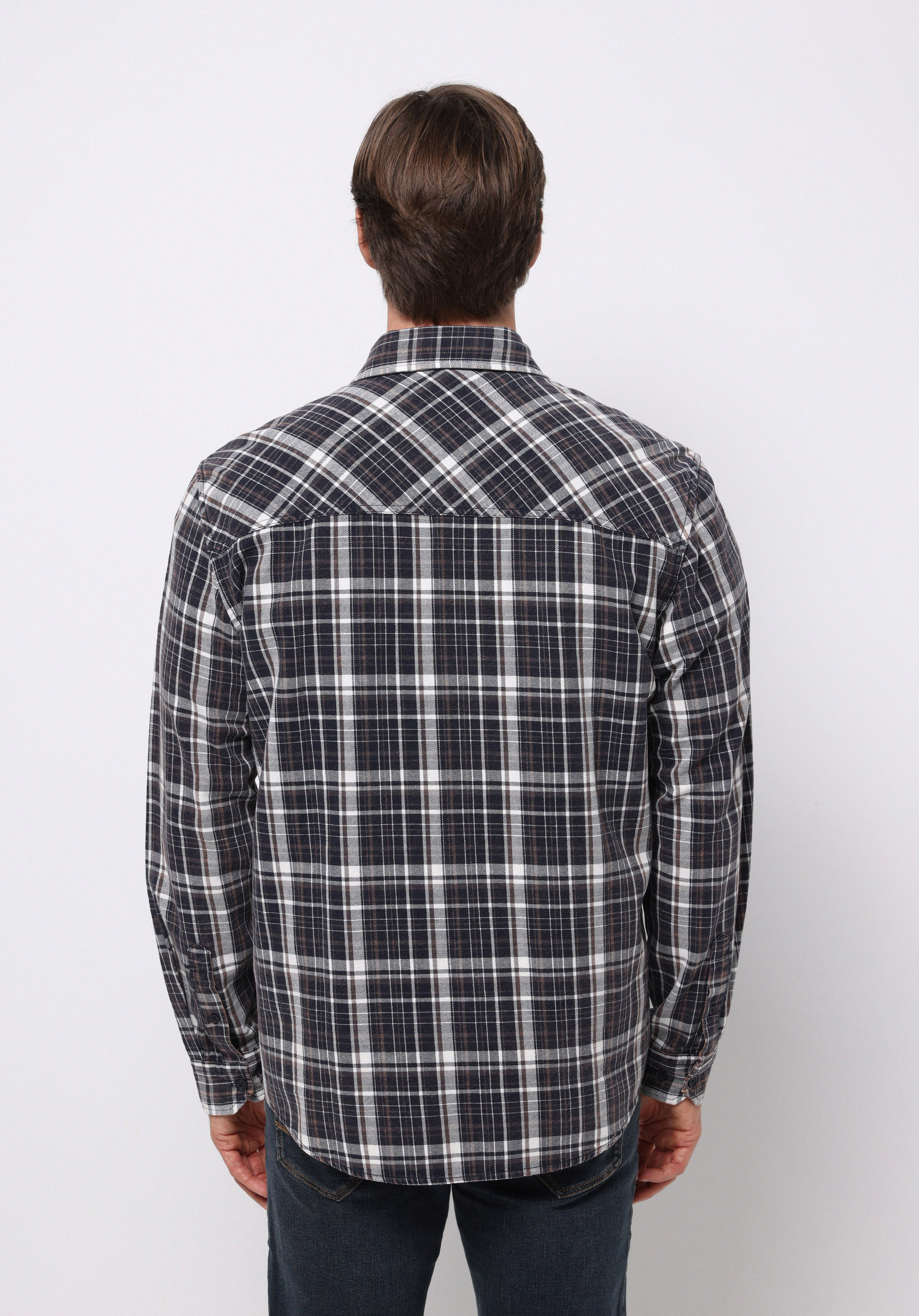 Comfort Fit Shirt Neck Ekoseli Erkek Lacivert Uzun Kol Gömlek