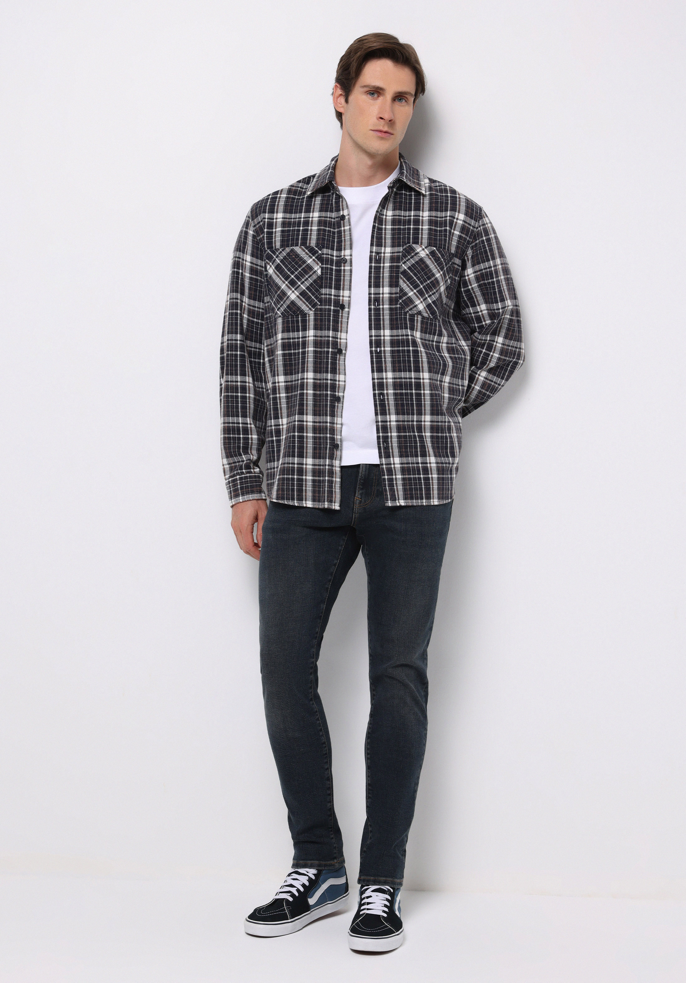 Comfort Fit Shirt Neck Ekoseli Erkek Lacivert Uzun Kol Gömlek