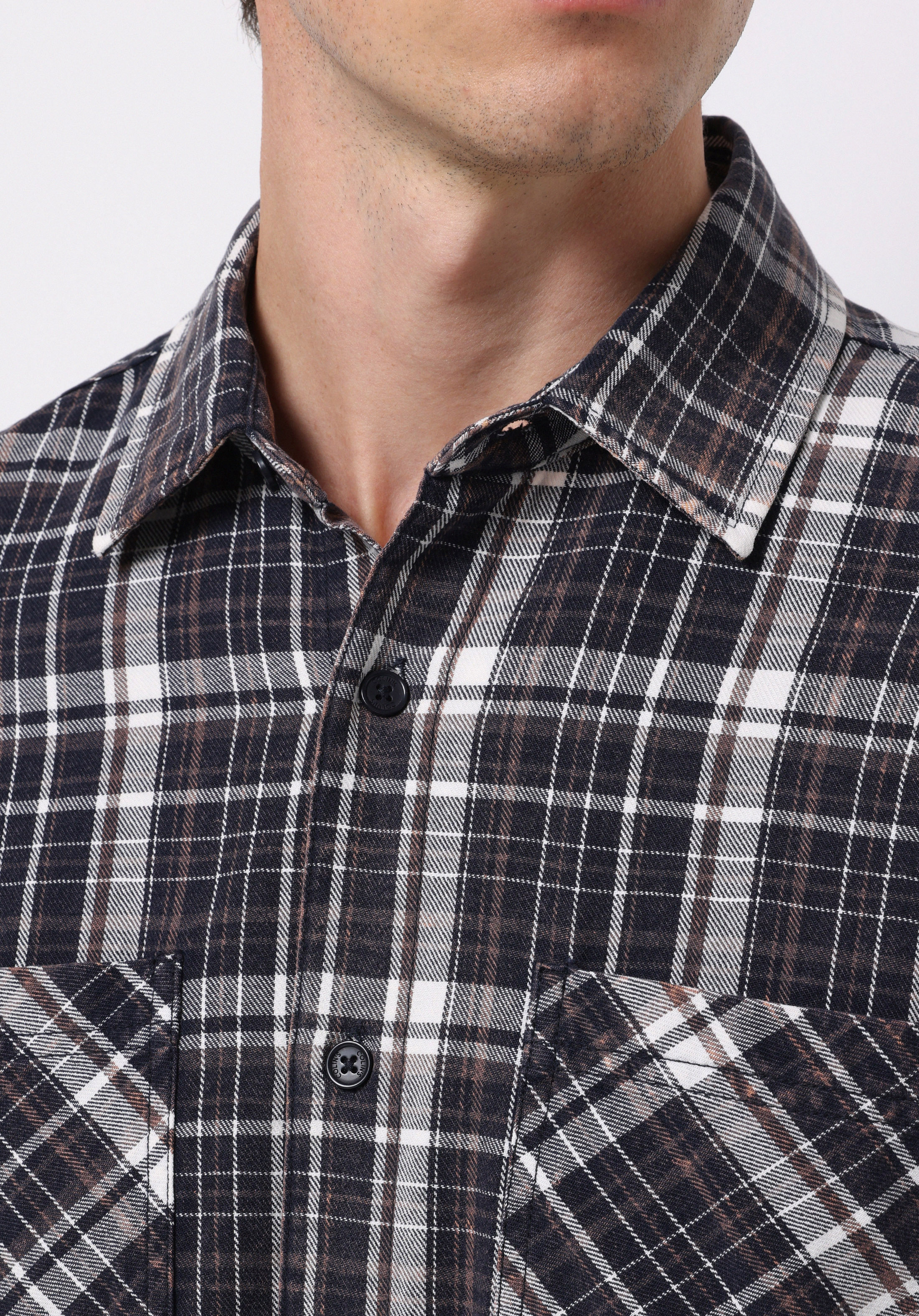 Comfort Fit Shirt Neck Ekoseli Erkek Lacivert Uzun Kol Gömlek