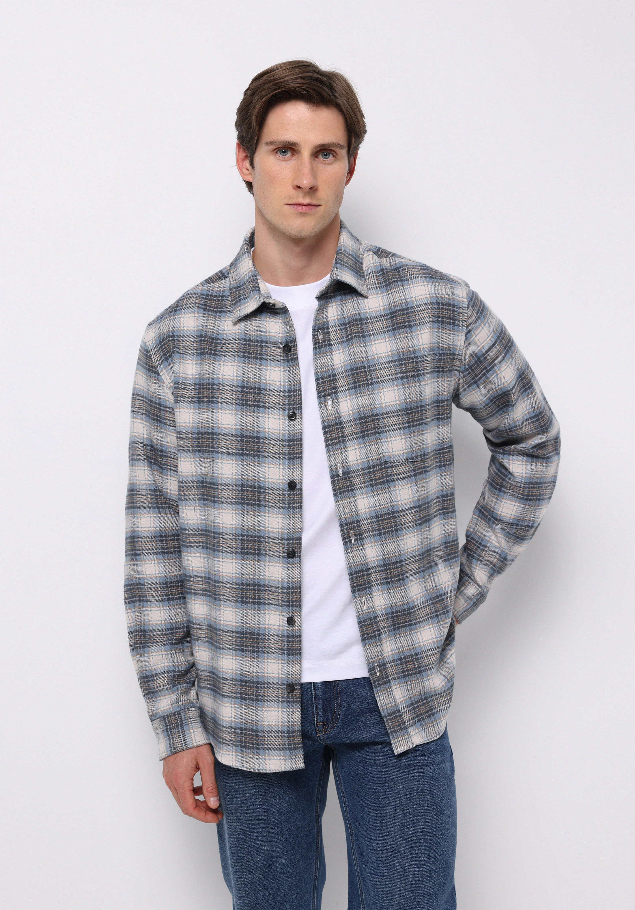 Regular Fit Shirt Neck Ekoseli Erkek Mavi Uzun Kol Gömlek