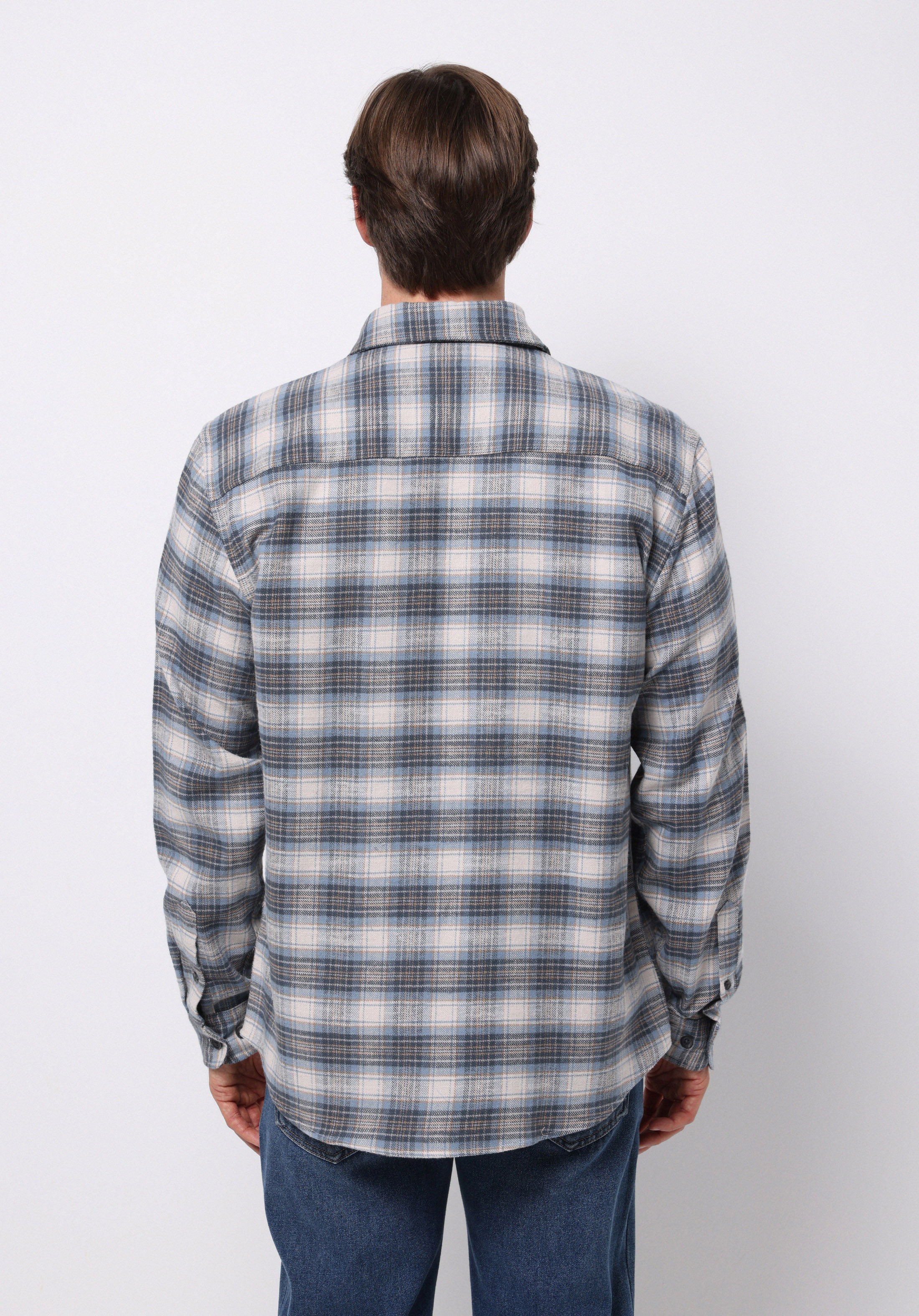 Regular Fit Shirt Neck Ekoseli Erkek Mavi Uzun Kol Gömlek