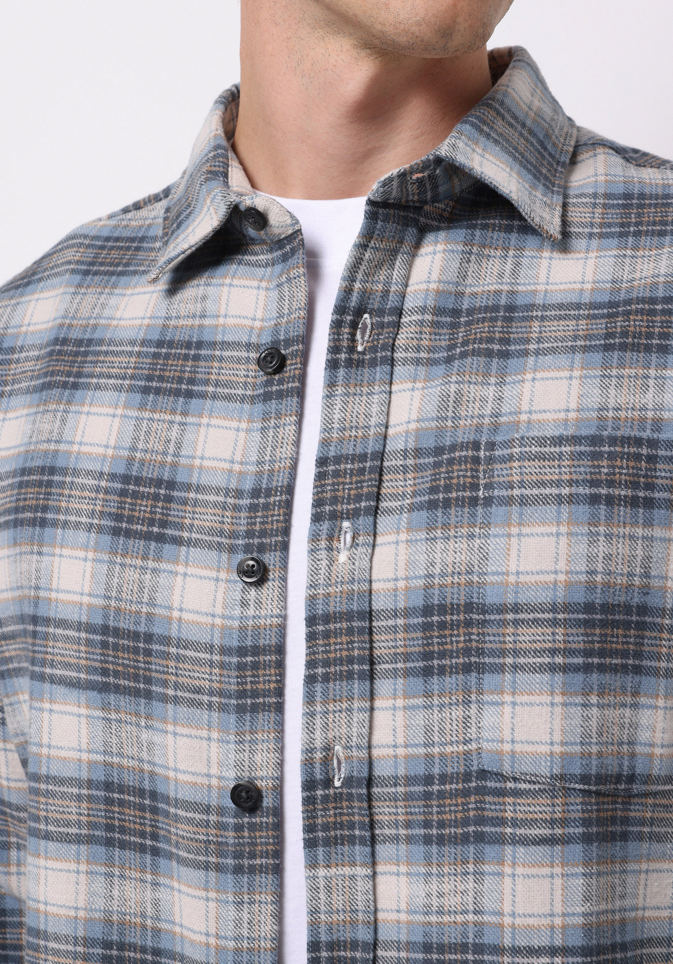 Regular Fit Shirt Neck Ekoseli Erkek Mavi Uzun Kol Gömlek