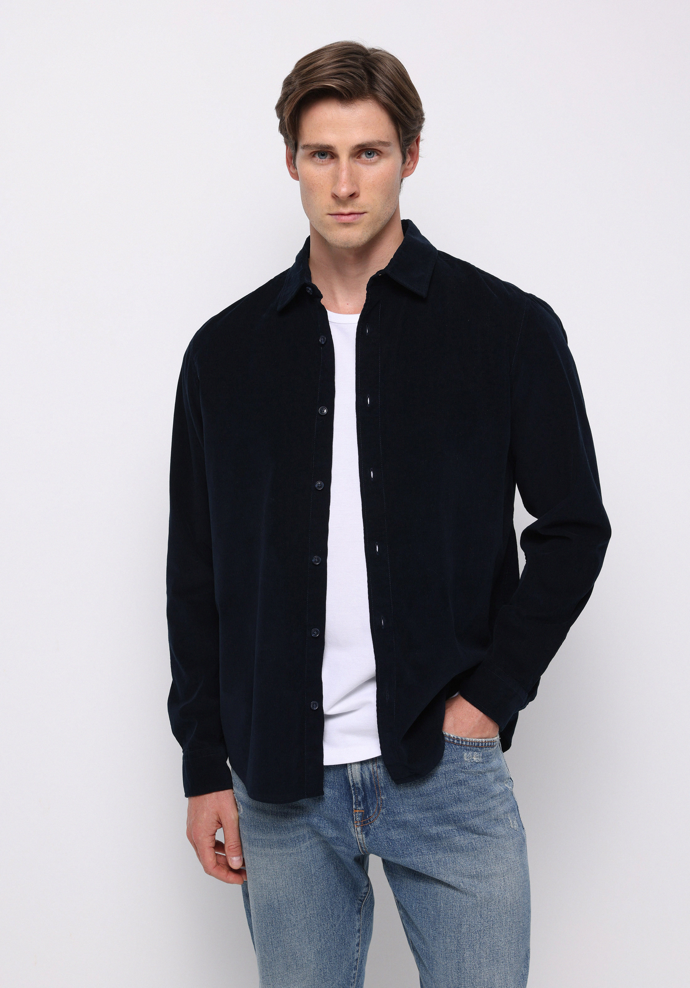 Regular Fit Shirt Neck Düz Erkek Lacivert Uzun Kol Gömlek