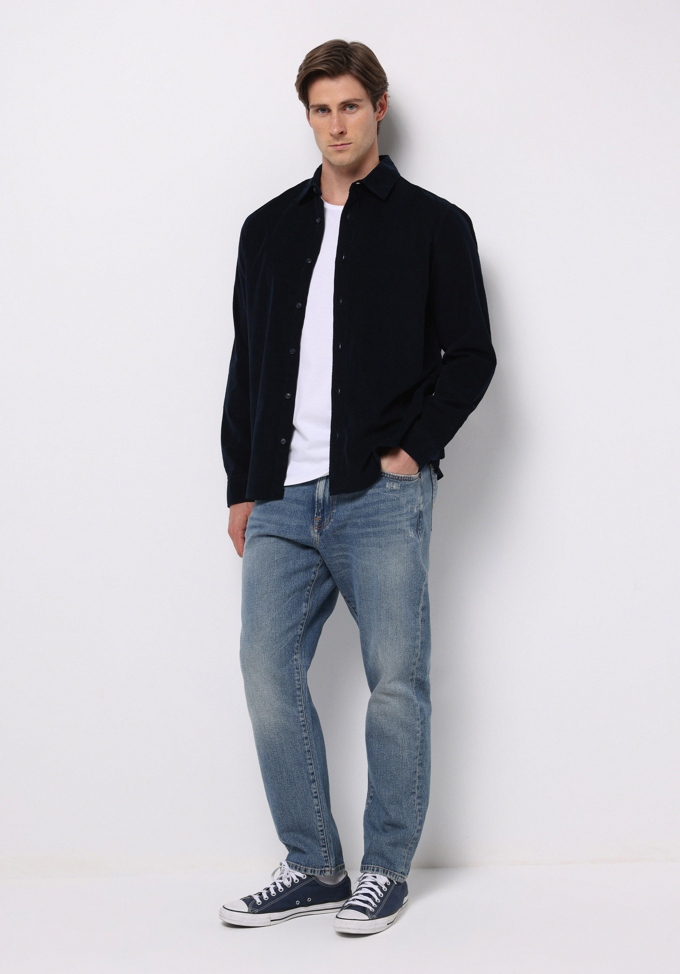 Regular Fit Shirt Neck Düz Erkek Lacivert Uzun Kol Gömlek