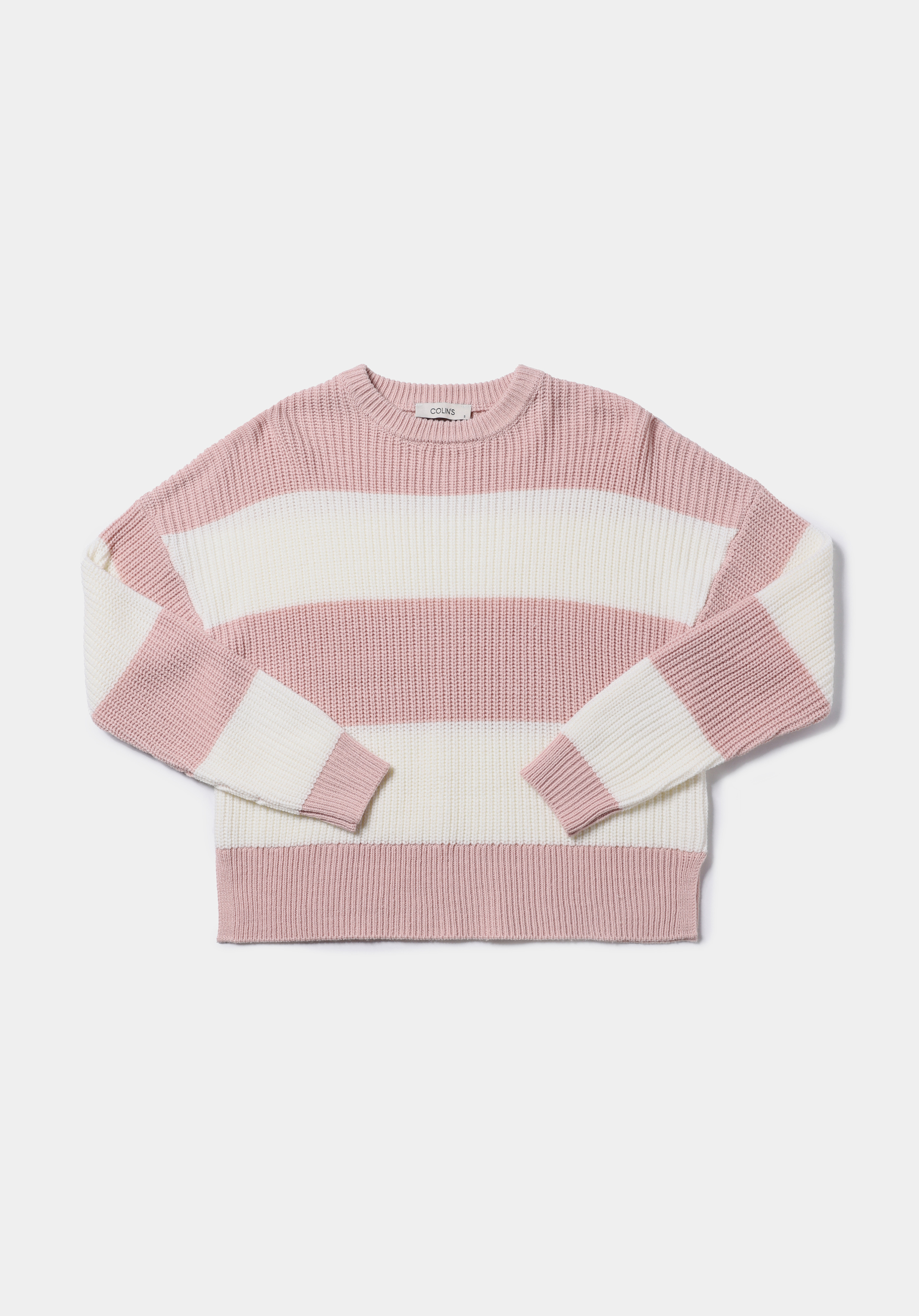 Regular Fit Yuvarlak Yaka Çizgili Kadın Pembe Kazak