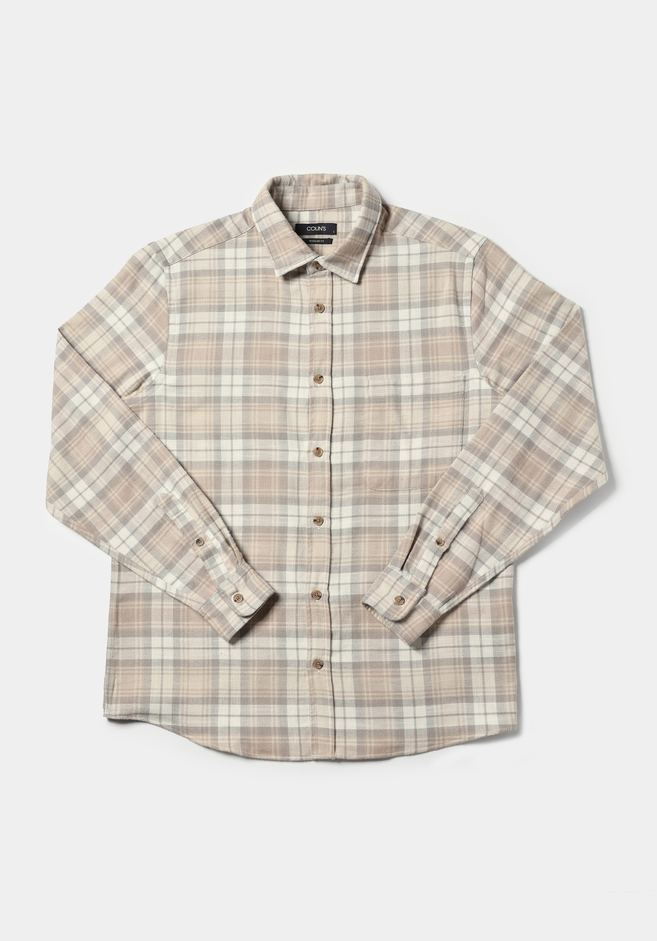 Regular Fit Shirt Neck Ekoseli Erkek Bej Uzun Kol Gömlek