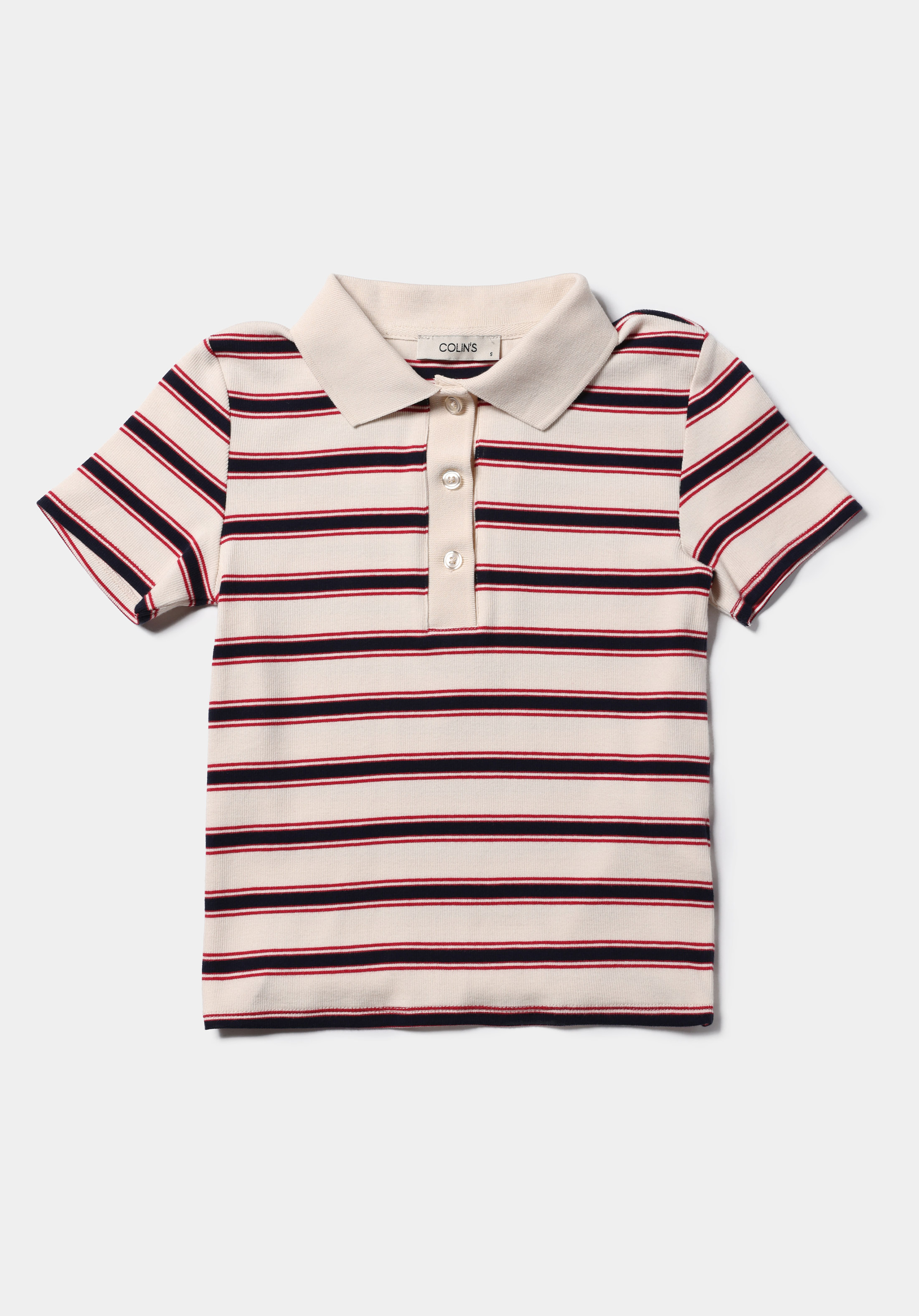 Slim Fit Polo Yaka Çizgili Kadın Ekru Kısa Kol Tişört