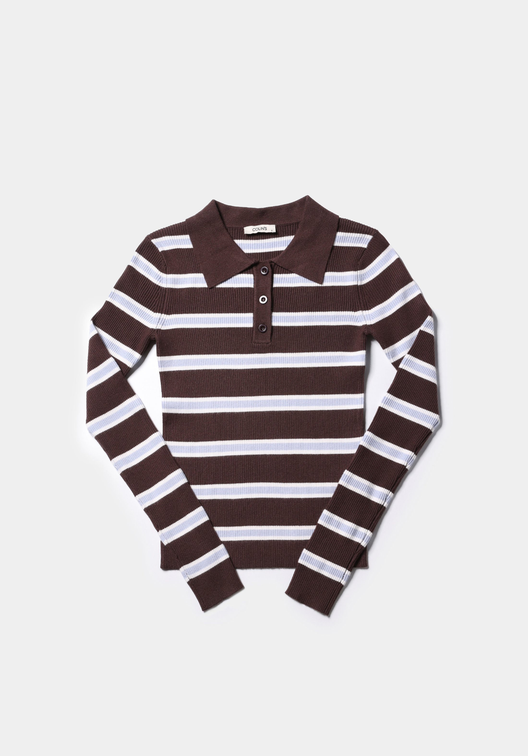 Slim Fit Polo Yaka Çizgili Kadın Kahverengi Kazak