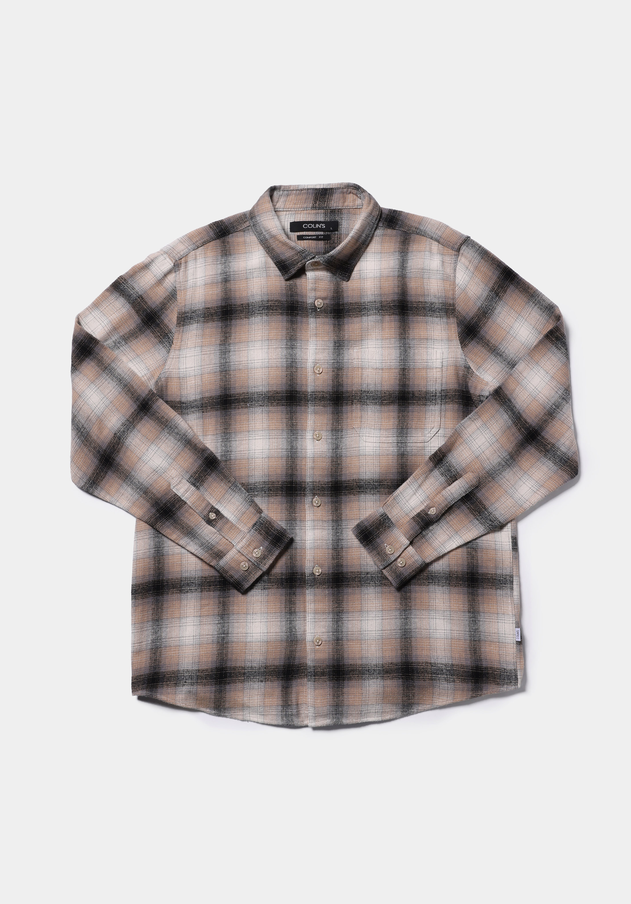 Comfort Fit Shirt Neck Ekoseli Erkek Bej Uzun Kol Gömlek