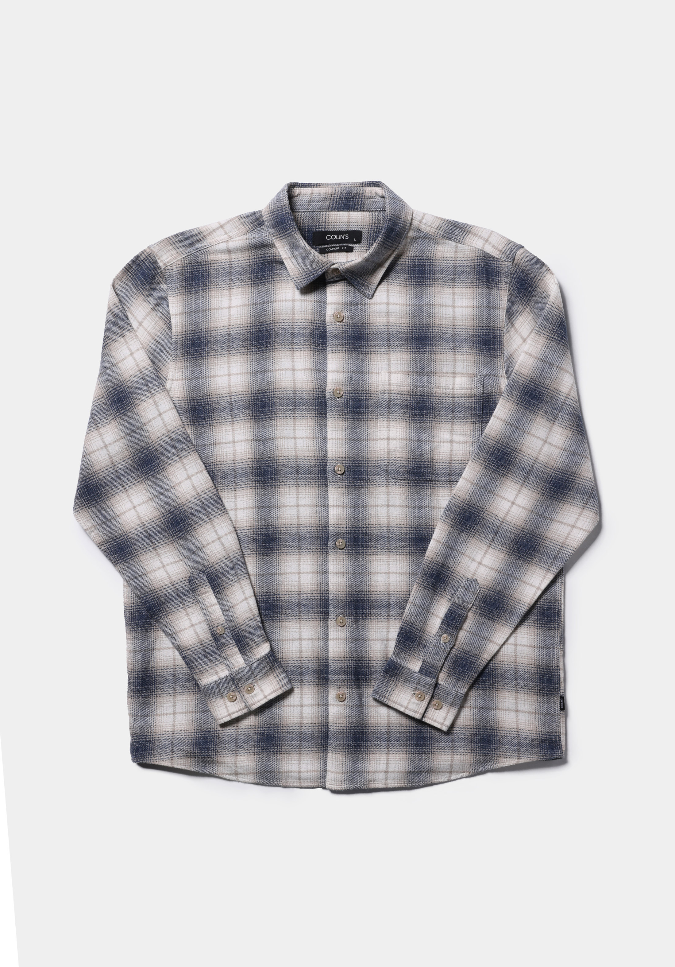 Comfort Fit Shirt Neck Ekoseli Erkek Mavi Uzun Kol Gömlek