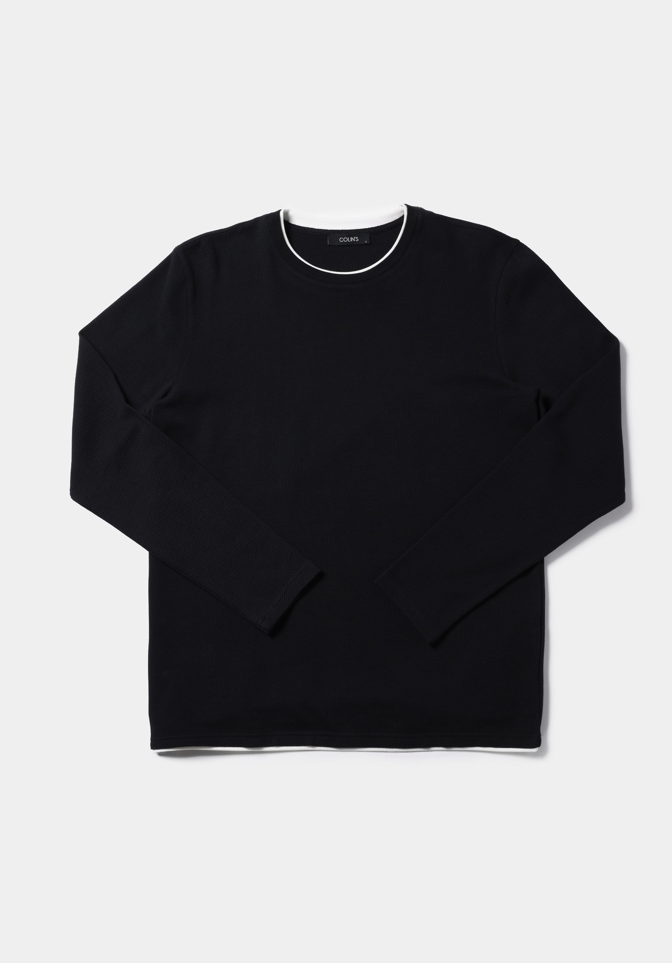 Regular Fit Yuvarlak Yaka Jakarlı Erkek Siyah Uzun Kol Tişört