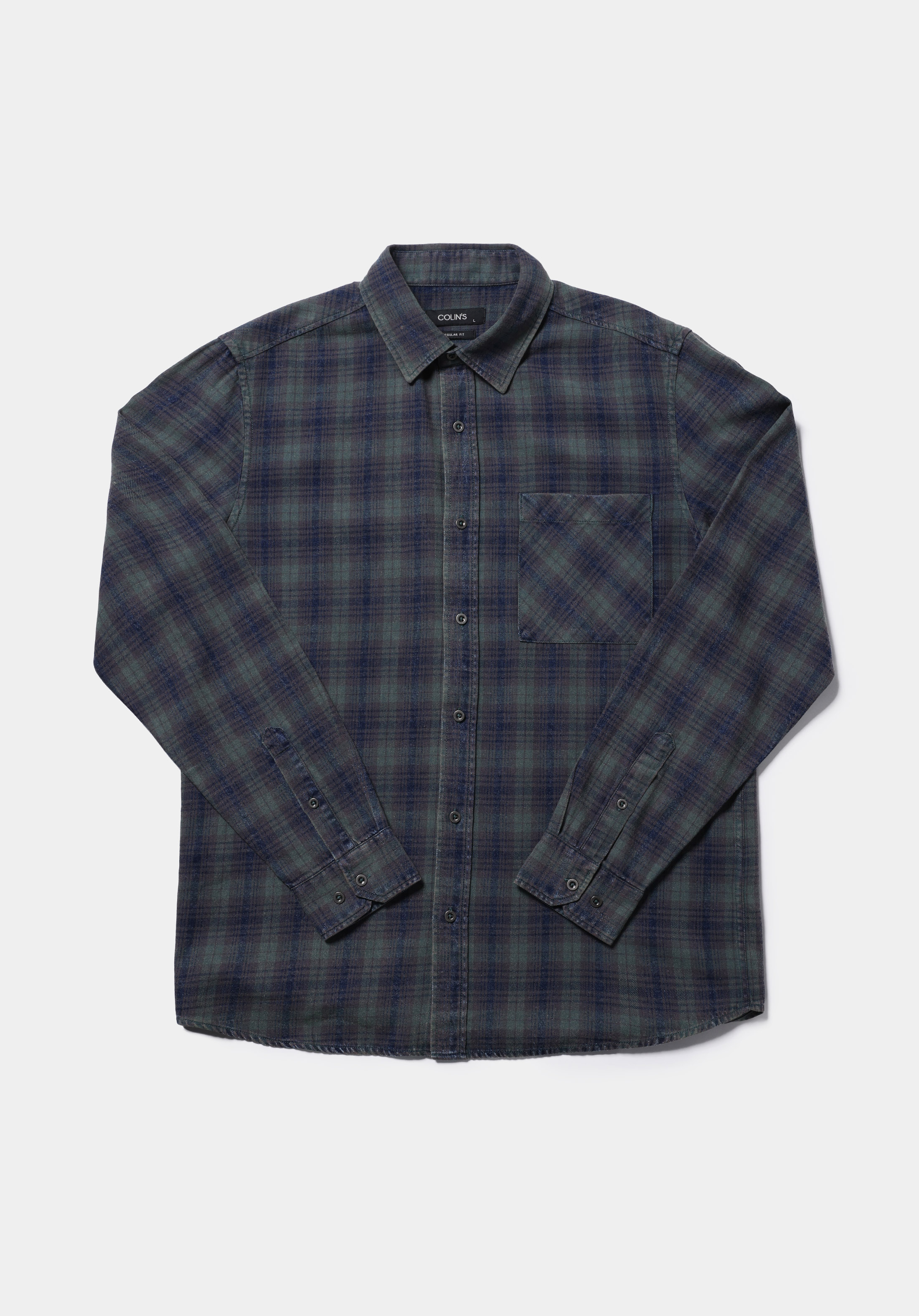 Regular Fit Shirt Neck Ekoseli Erkek Yeşil Uzun Kol Gömlek