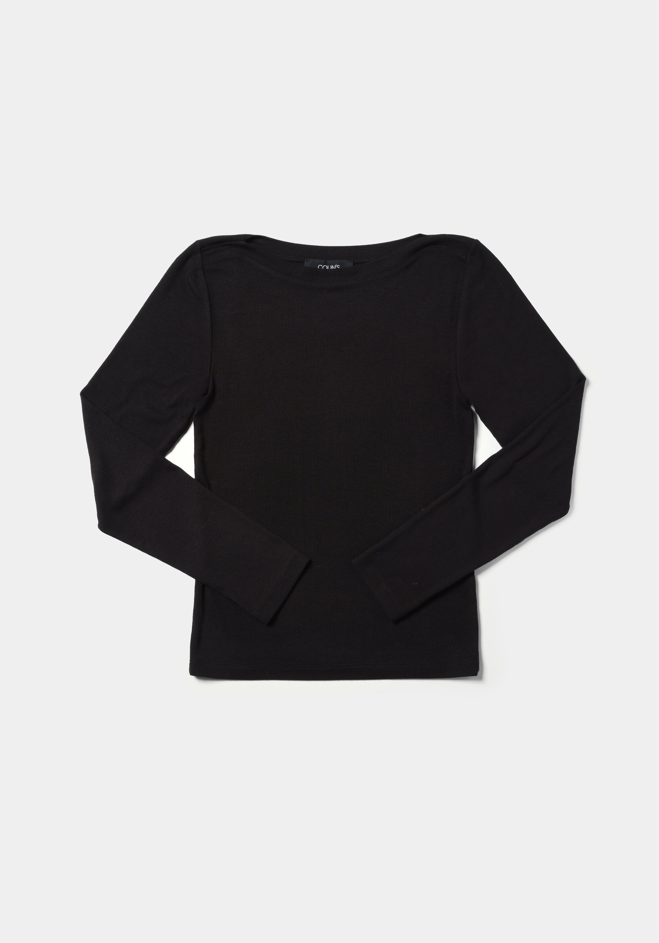 Slim Fit Kayık Yaka Düz Kadın Siyah Uzun Kol Tişört