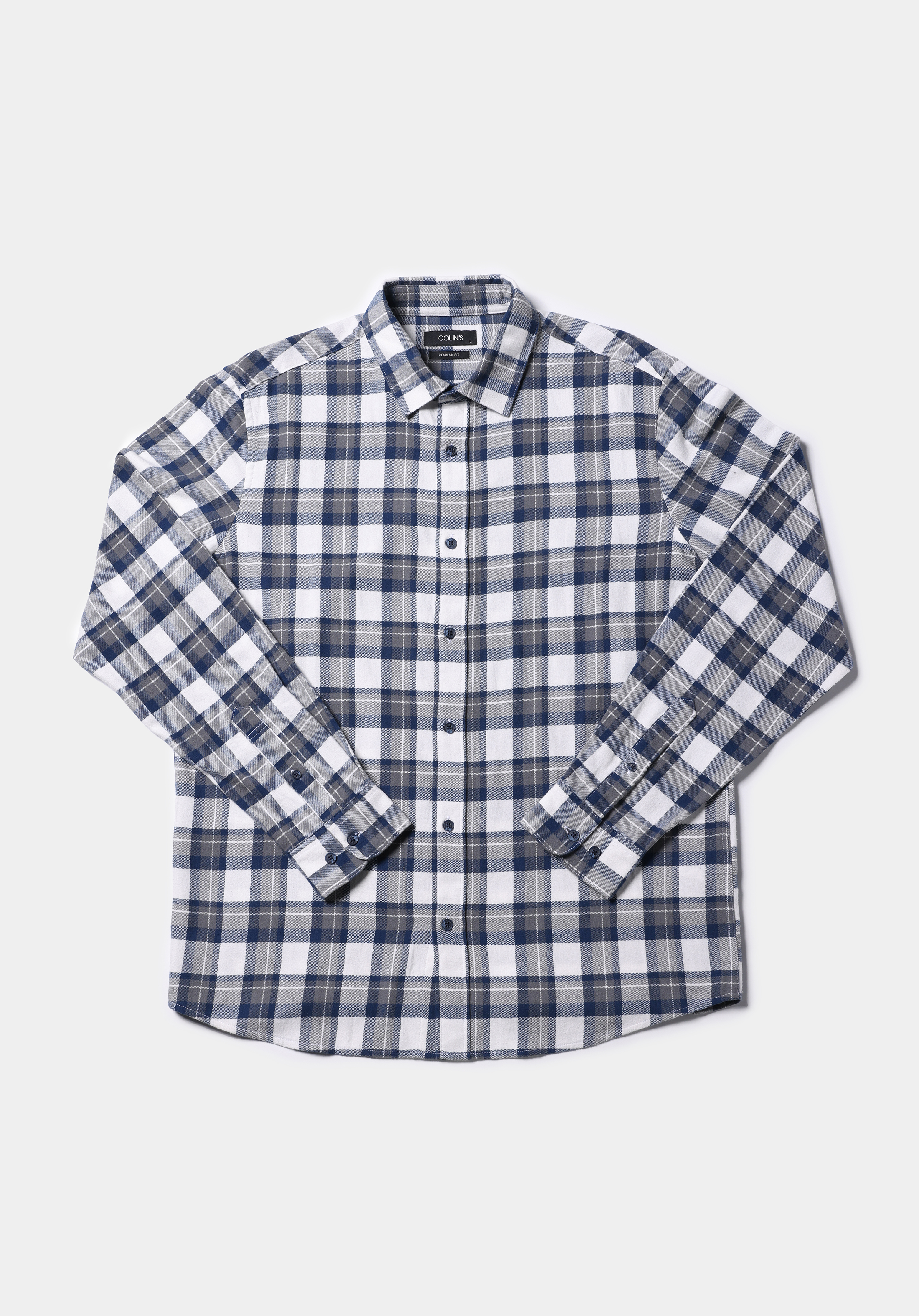 Regular Fit Pamuklu Shirt Neck Ekoseli Erkek Lacivert Uzun Kol Gömlek