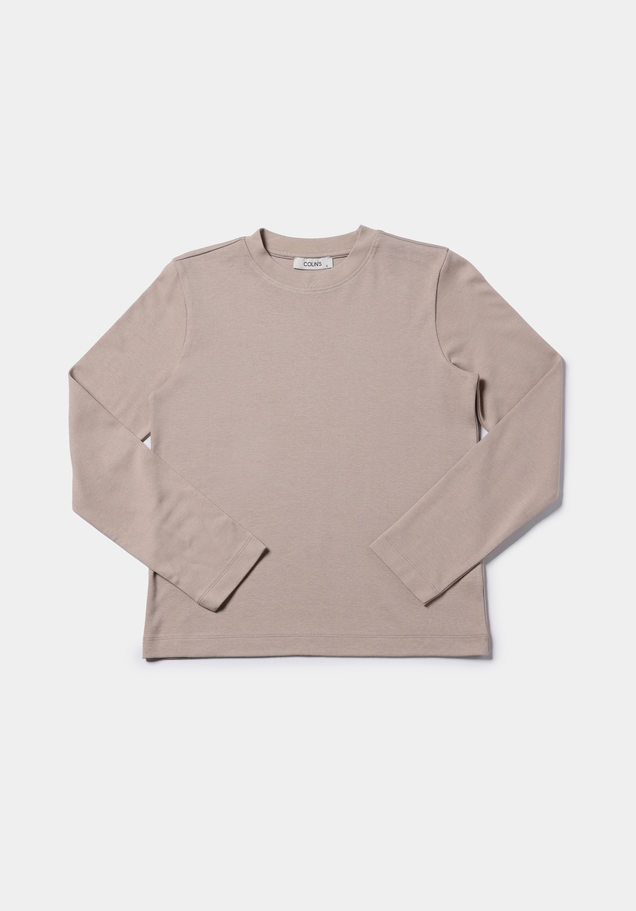 Regular Fit Yuvarlak Yaka Düz Kadın Bej Uzun Kol Tişört