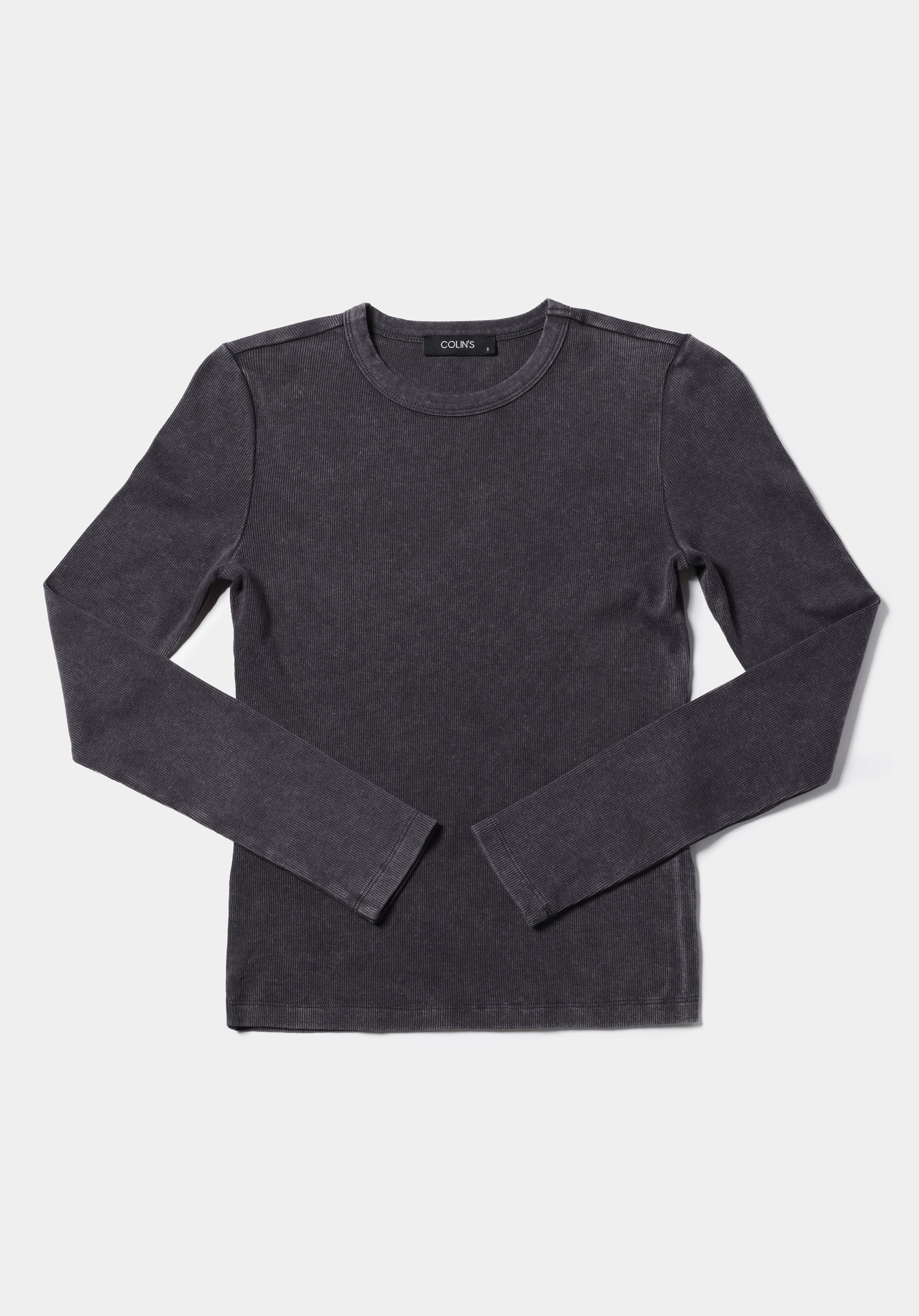 Slim Fit Yuvarlak Yaka Düz Kadın Antrasit Uzun Kol Tişört