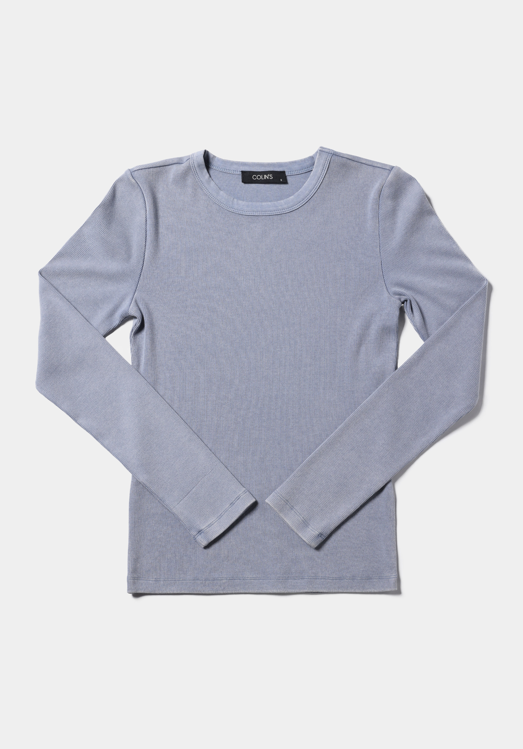 Slim Fit Yuvarlak Yaka Düz Kadın Mavi Uzun Kol Tişört
