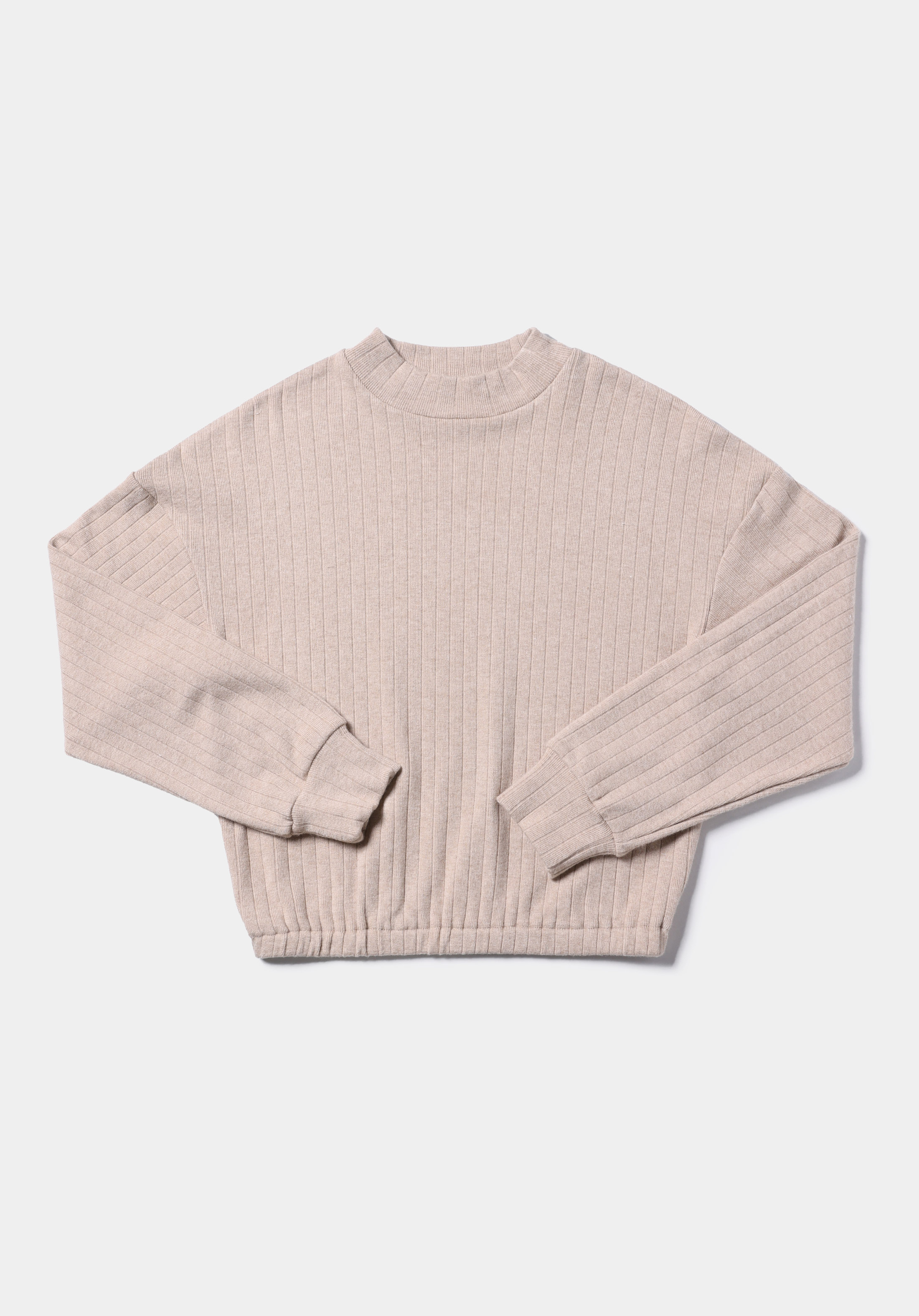 Regular Fit Dik Yaka Düz Kadın Bej Uzun Kol Tişört